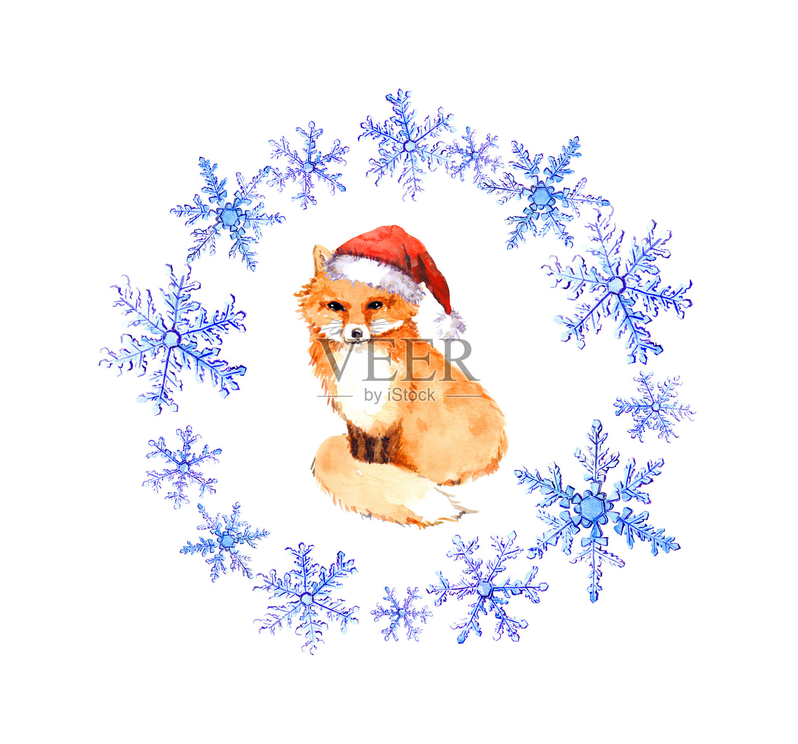 冬天用雪花编的花环和戴着红色圣诞老人帽子的狐狸动物。圣诞节水彩设计元素图片