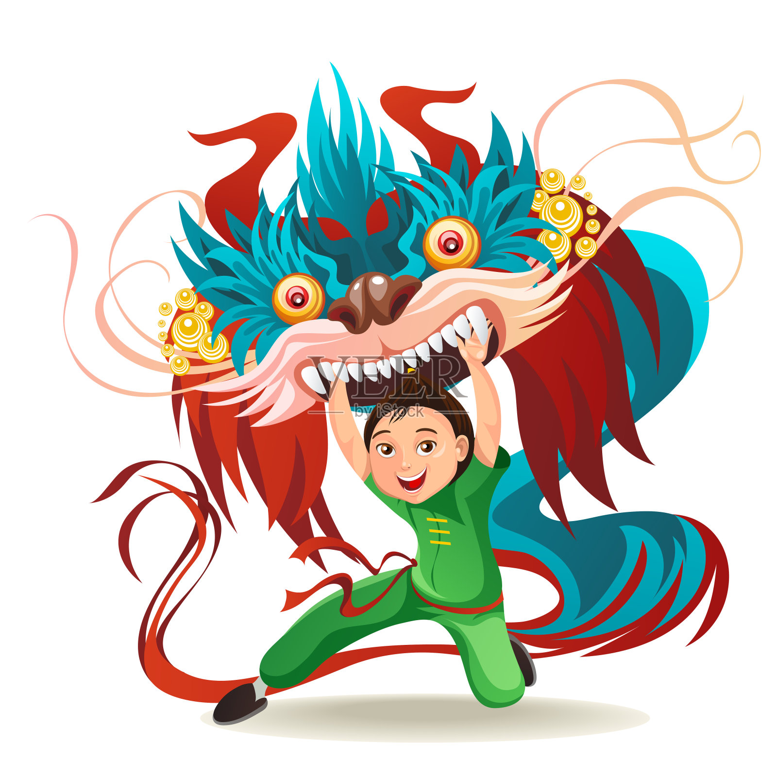 中国农历新年舞狮大战孤立在白色背景下，快乐的舞者在中国传统服装手持五颜六色的龙面具在游行或狂欢节，卡通风格矢量插图插画图片素材