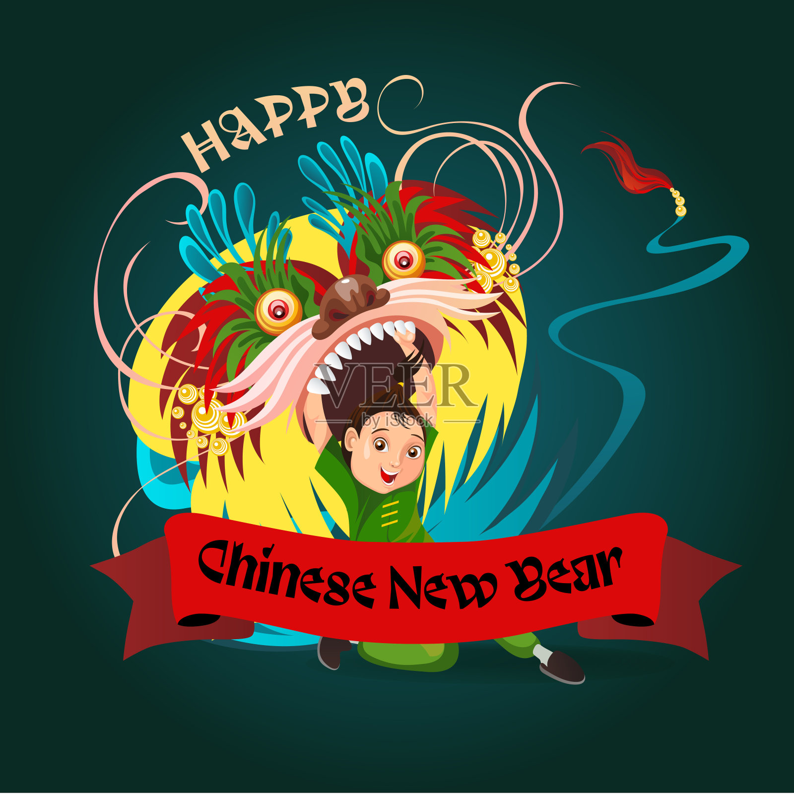 中国农历新年舞狮大战孤立在黑暗的背景下，快乐的舞者在中国传统服装手持五颜六色的龙面具在游行或狂欢节，卡通风格矢量插图设计模板素材