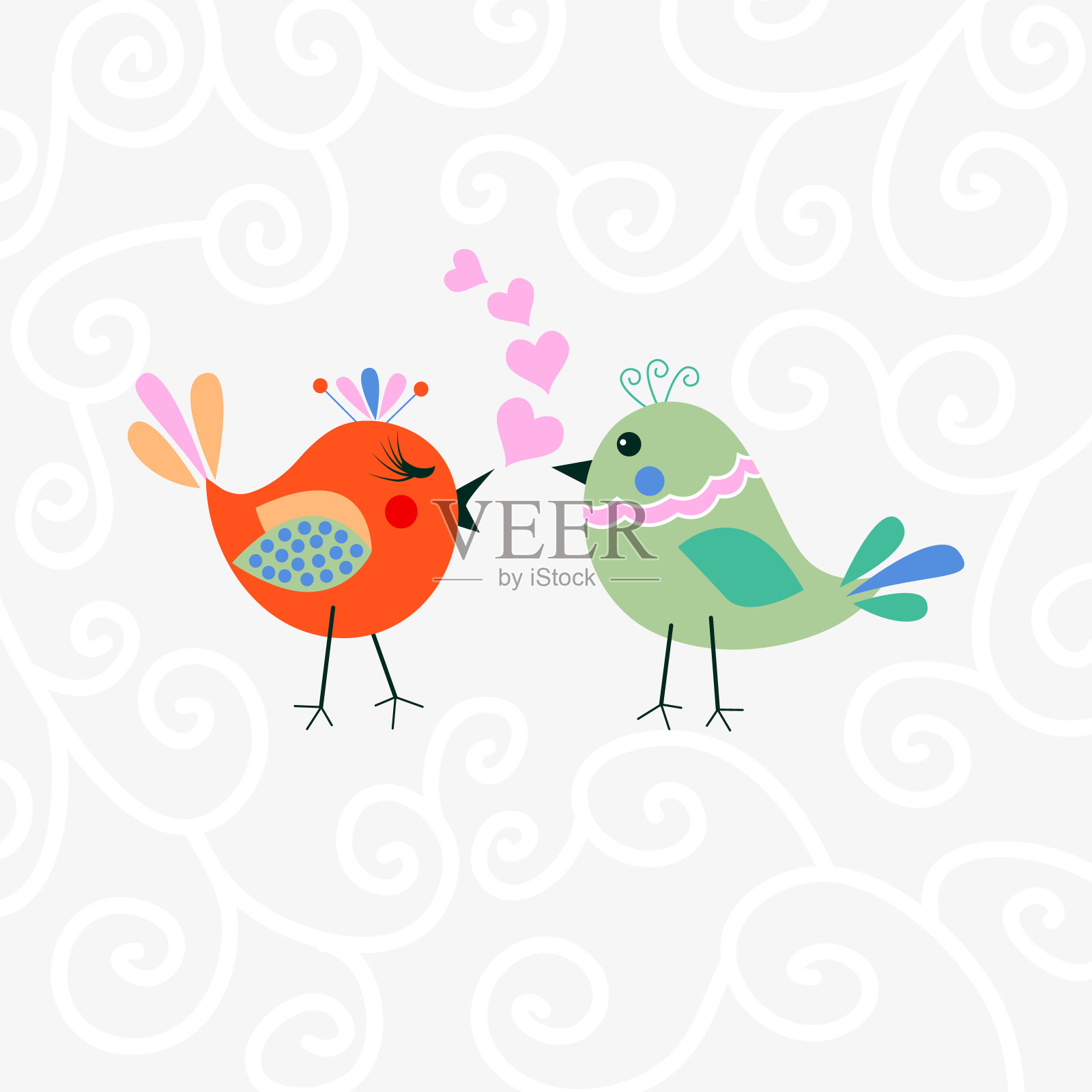 两只快乐可爱的小鸟相爱的心。情人节快乐插画图片素材