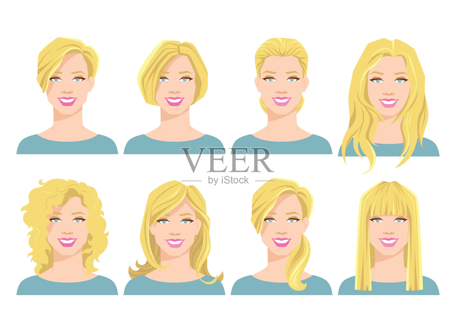 矢量插图的年轻女人的脸与不同的发型插画图片素材