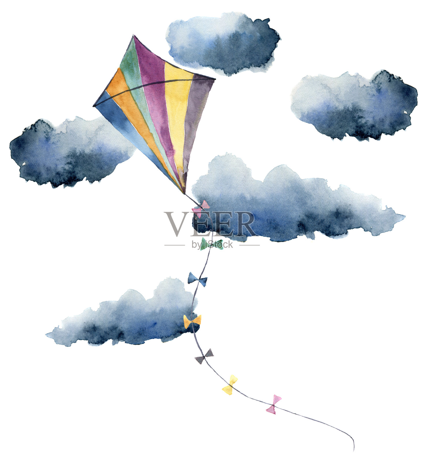 水彩风筝与云彩和复古设计。手绘插图孤立在白色背景。用于设计或印刷。插画图片素材