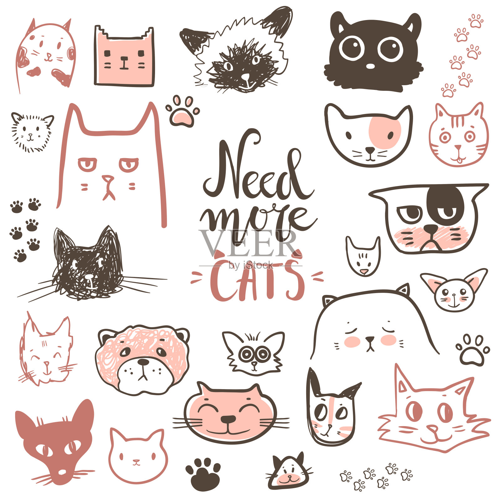 有趣的涂鸦猫图标收集。手绘宠物，手绘小孩插画图片素材