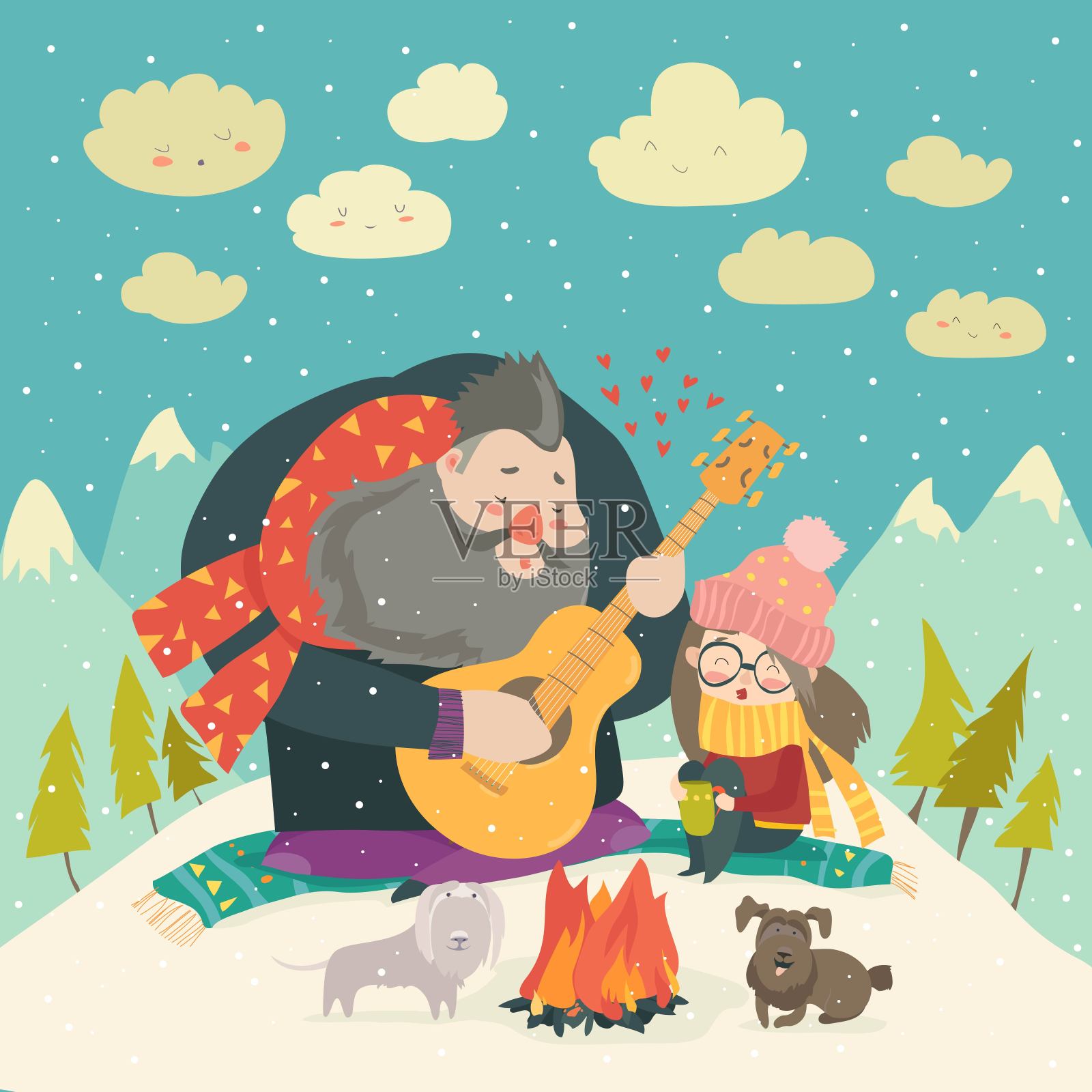 在冬天的森林里，一个男孩为一个女孩弹吉他插画图片素材