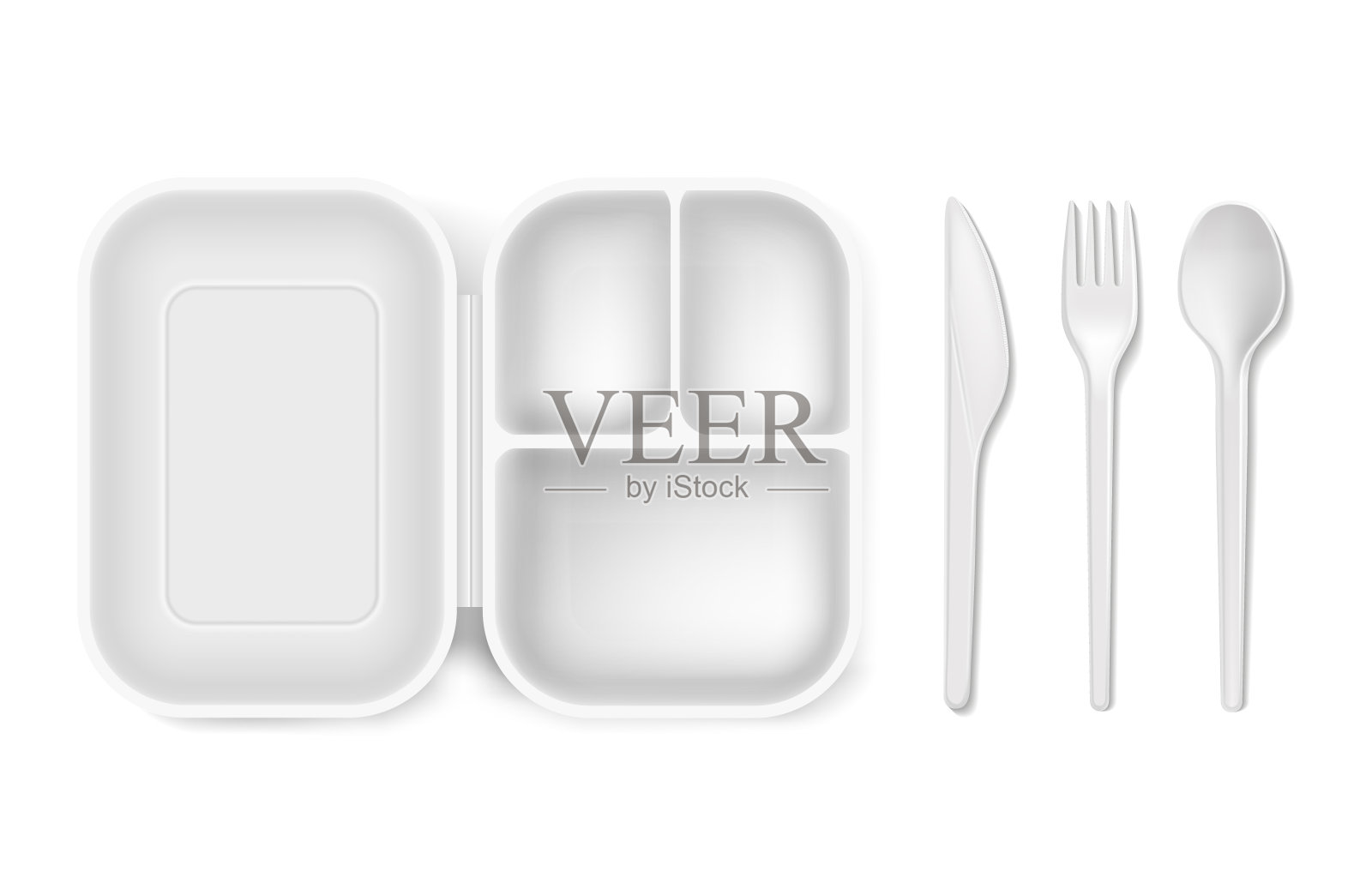 一次性塑料矢量图午餐盒和餐具勺子，刀或叉孤立的3D现实孤立的图标设计元素图片