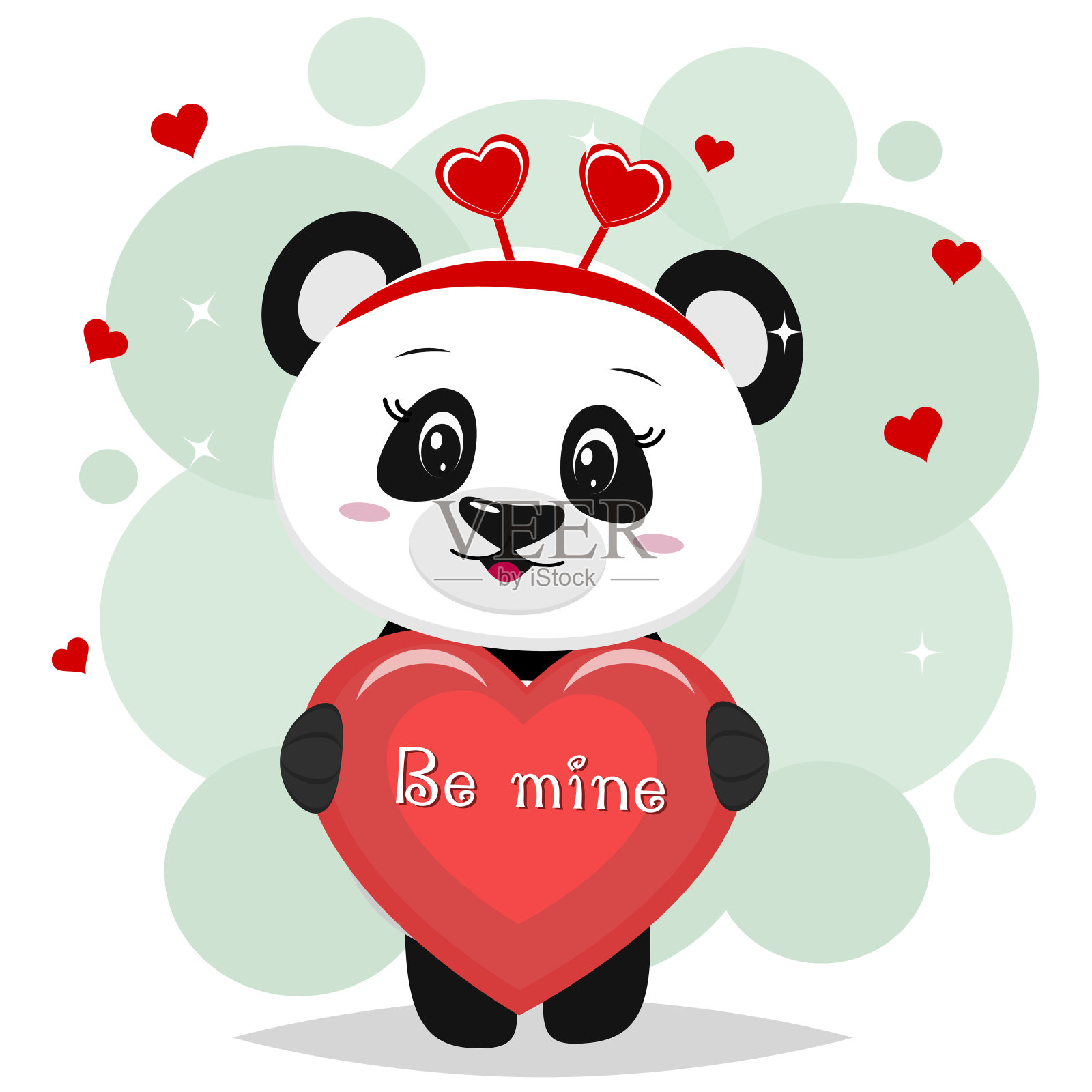可爱的熊猫在一个红色的蝴蝶结是值得的，并保持在一个红色的心与铭文，在卡通风格。插画图片素材
