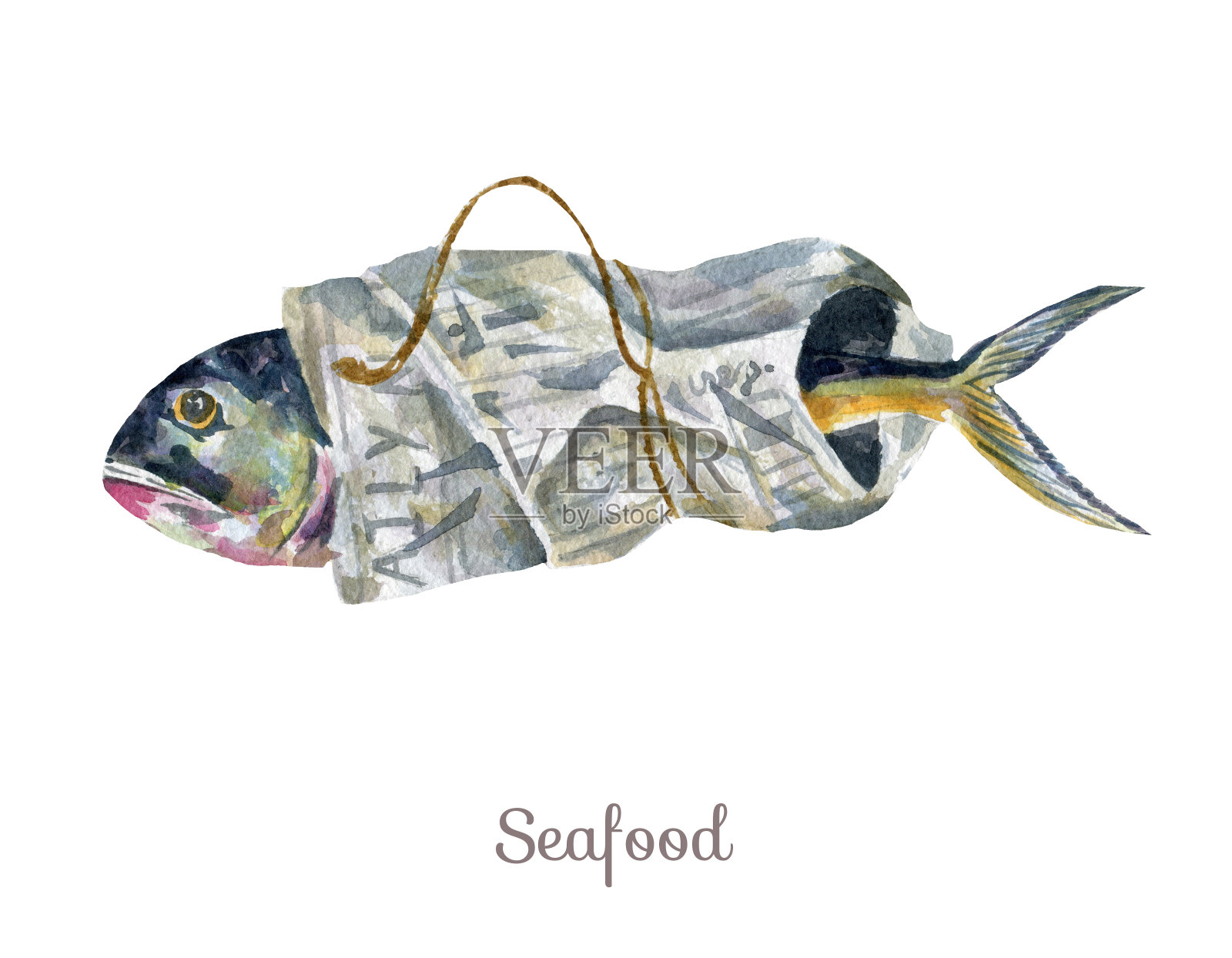 水彩海鲜剪纸-鱼插画图片素材