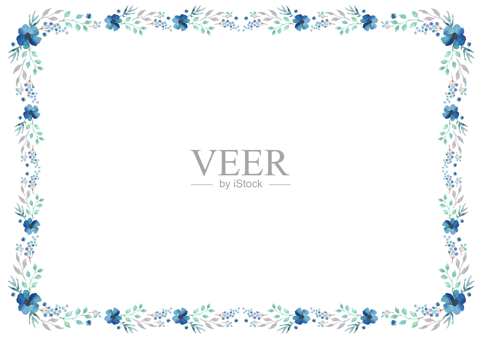 花框架模板与蓝色的花和漩涡叶在白色的背景。插画图片素材