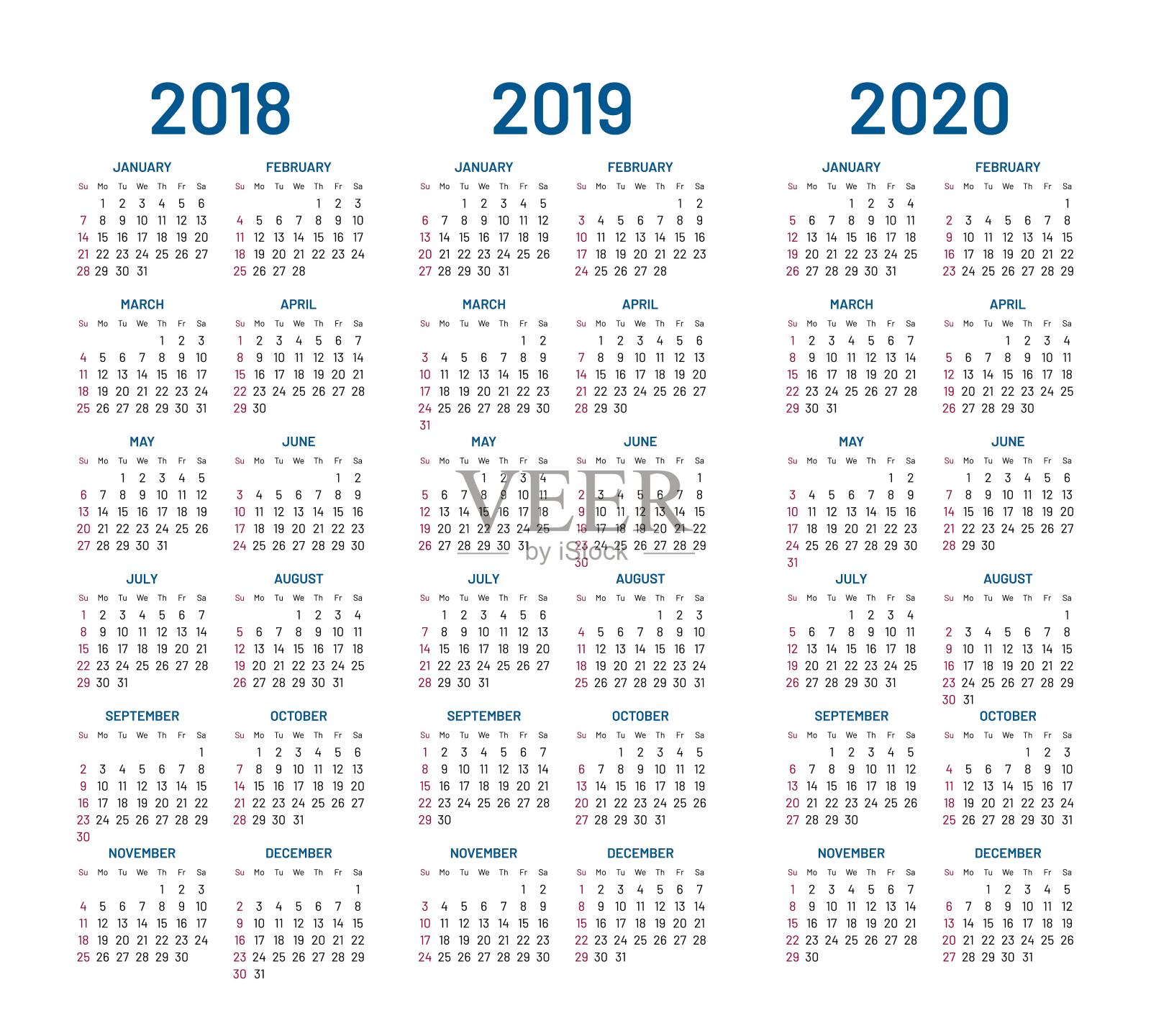 2018年2019年2020年日历矢量设计模板素材