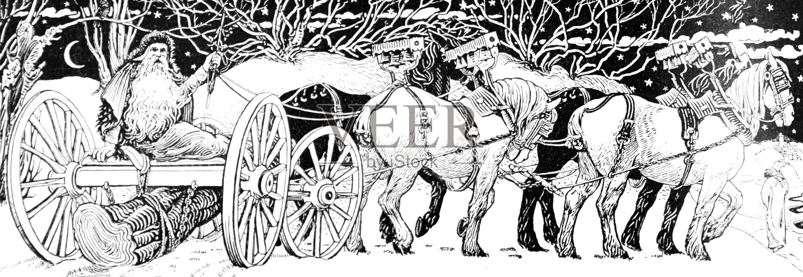 有一个大树干的圣诞老人和有铃铛的马插画图片素材