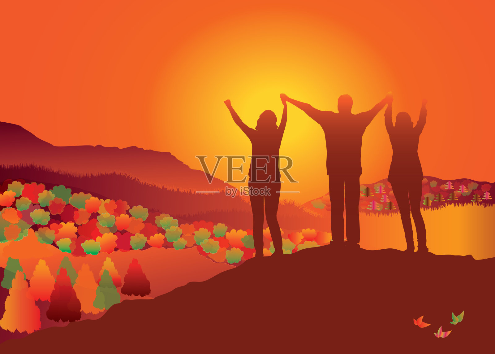 一家人站在瀑布山顶，举起双手。插画图片素材