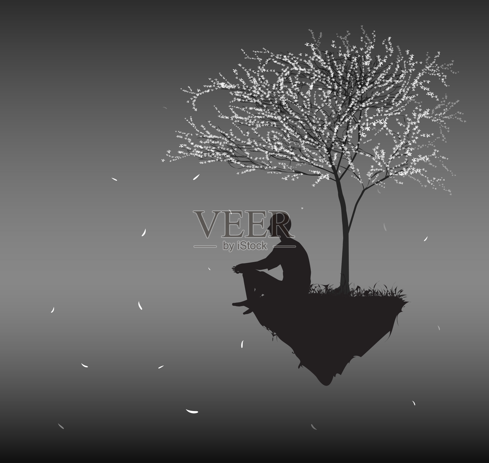 男人坐在飞石上，看着飘落的樱花白叶子，思考着人生的意义，梦境中人们的剪影，插画图片素材