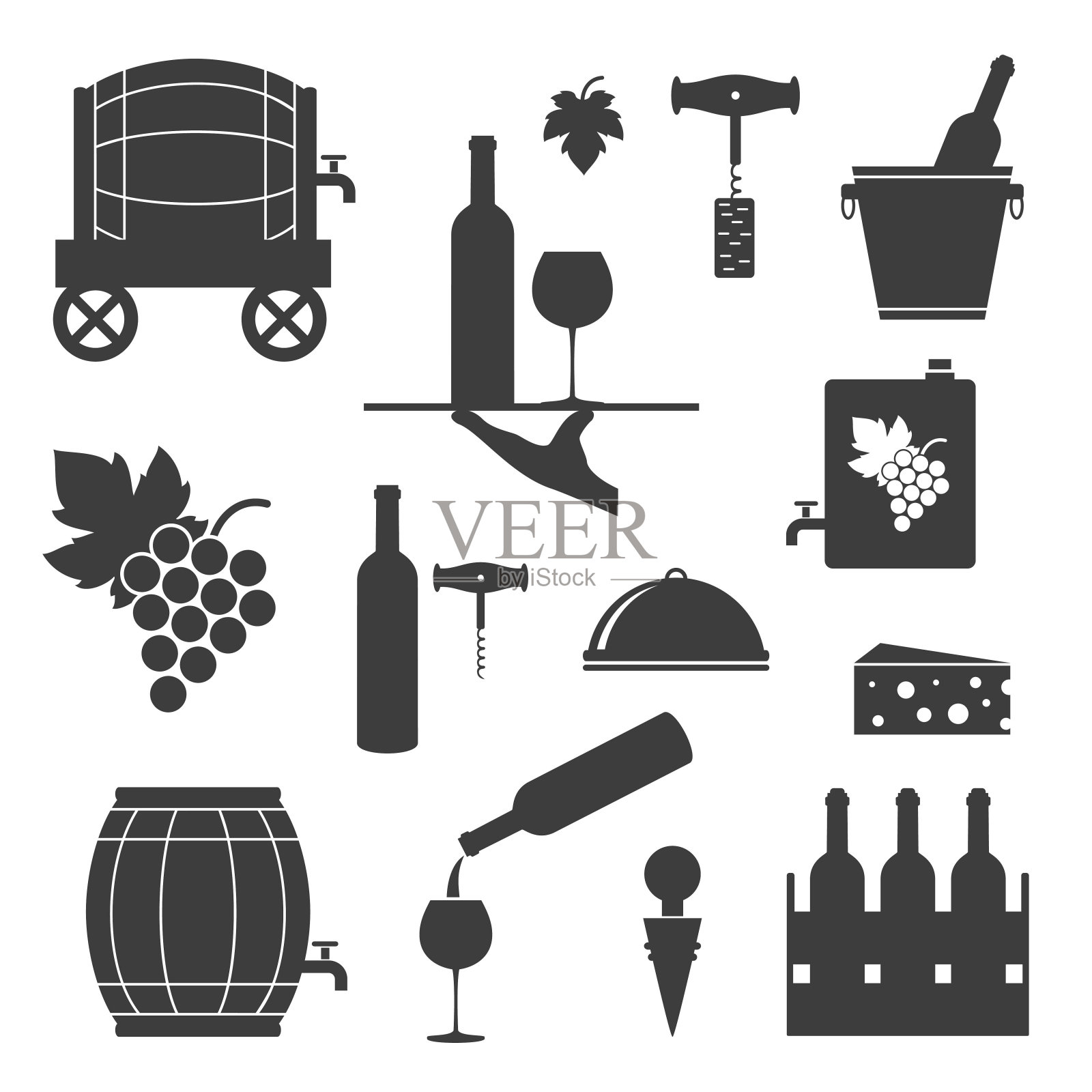 一组葡萄酒相关的图标在白色的背景。图标素材
