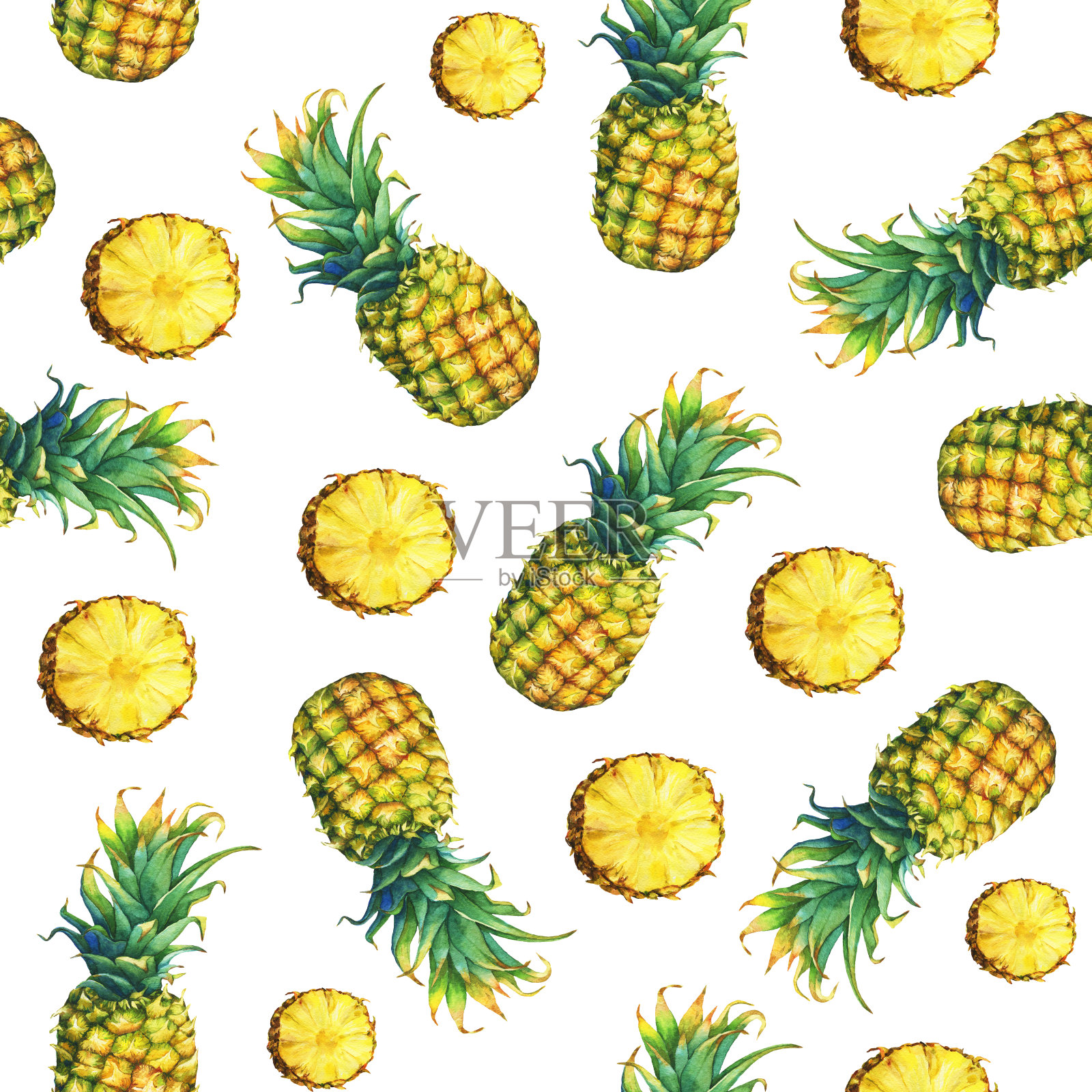 鲜果菠萝与绿叶的无缝图案。手绘水彩画在白色的背景。插画图片素材