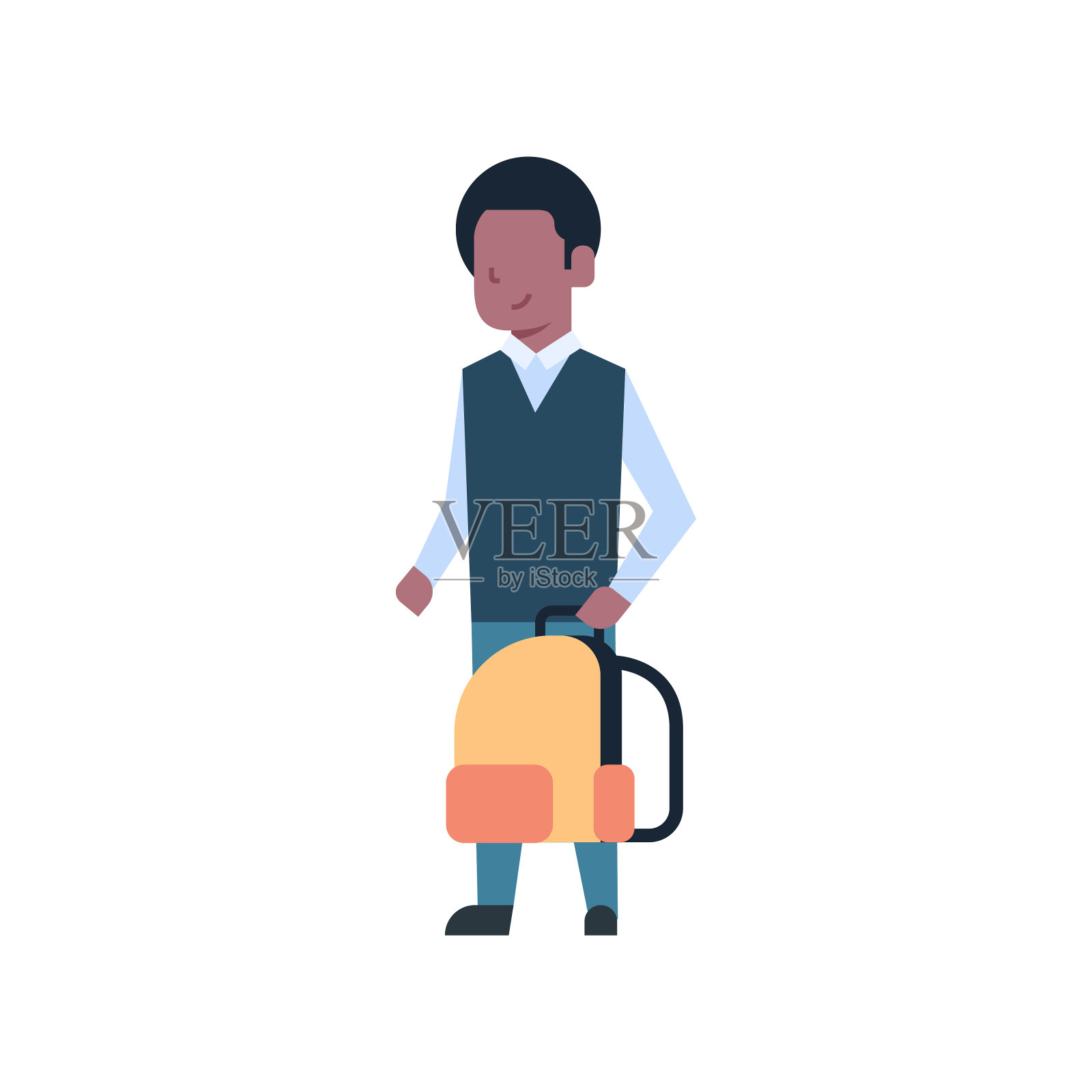 非裔美国男孩背着背包在白人背景上被孤立的学生插画图片素材
