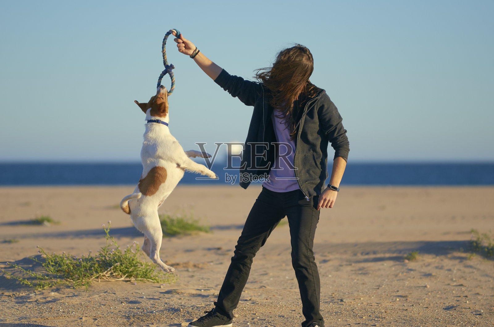 一个女人和她的狗在沙滩上玩照片摄影图片