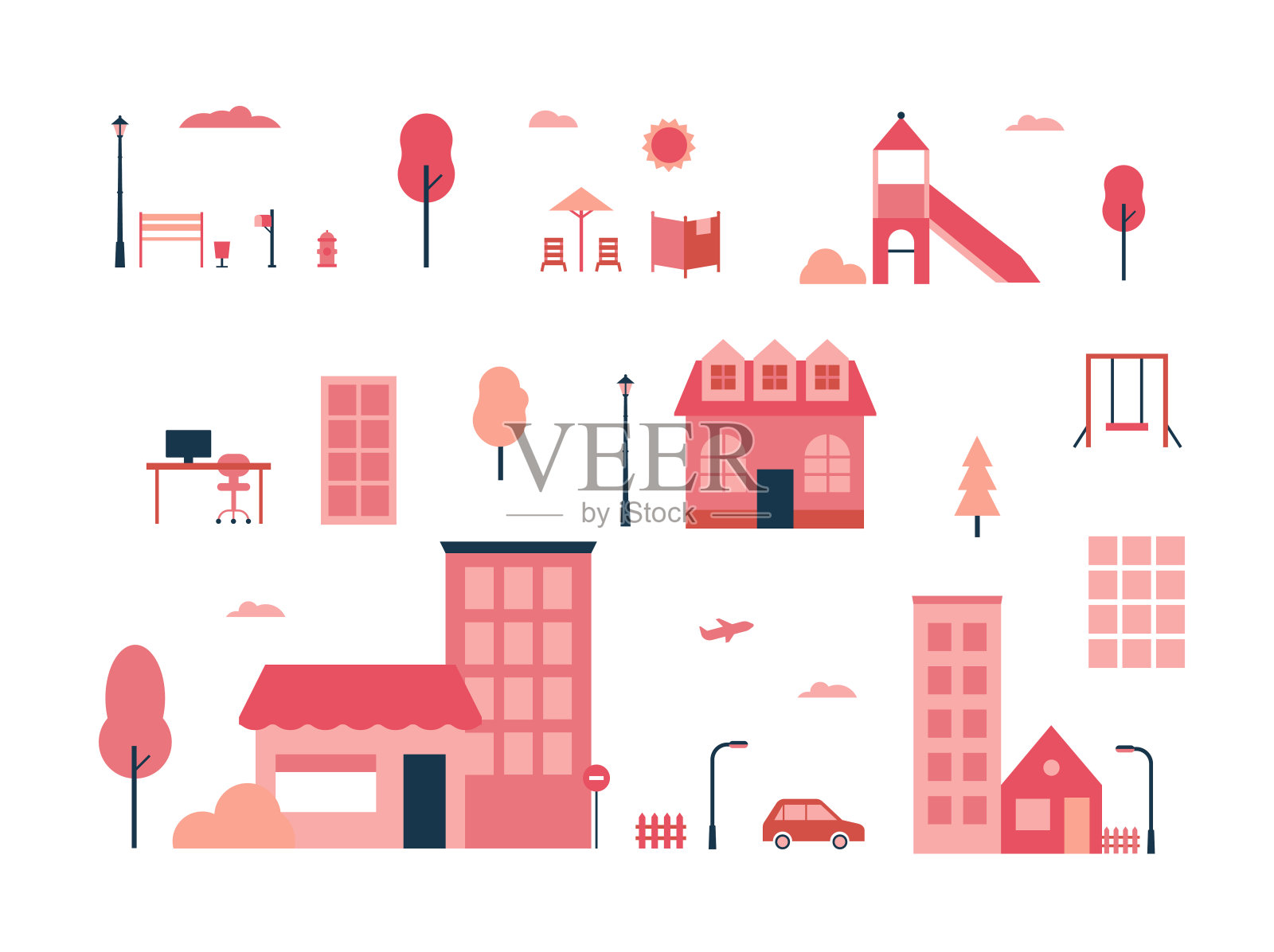 城市元素——平面设计风格的孤立对象集插画图片素材