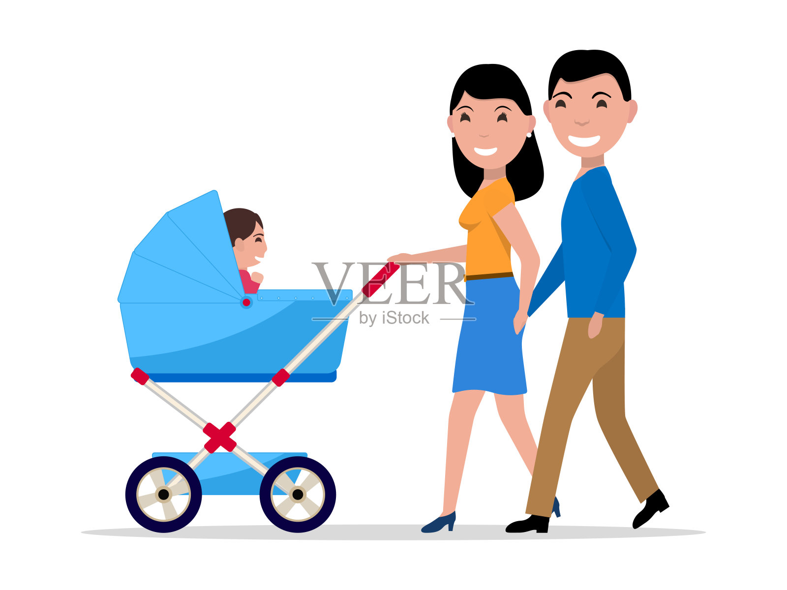 矢量夫妇带着婴儿车和一个孩子插画图片素材