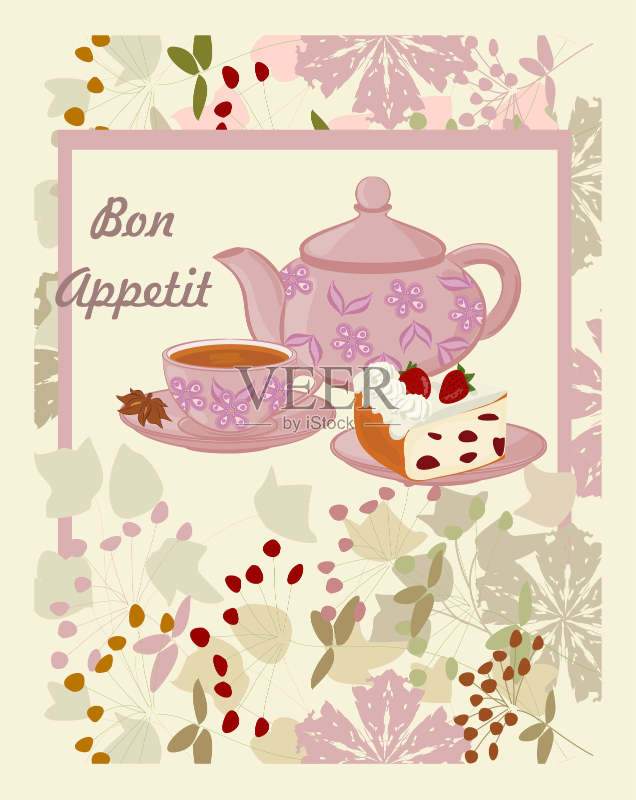 茶壶，茶杯，茶，蛋糕和鲜花。插画图片素材