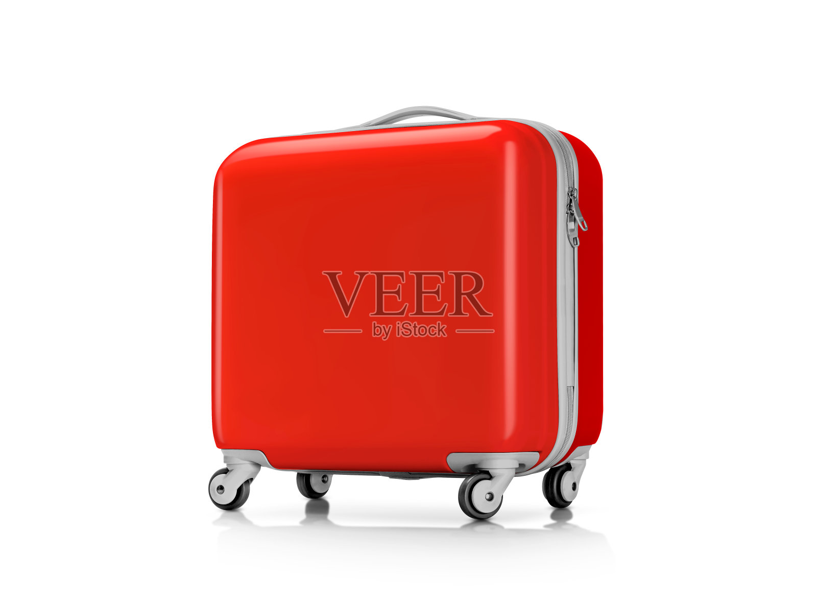 白色背景上的红色塑料旅行箱或行李照片摄影图片