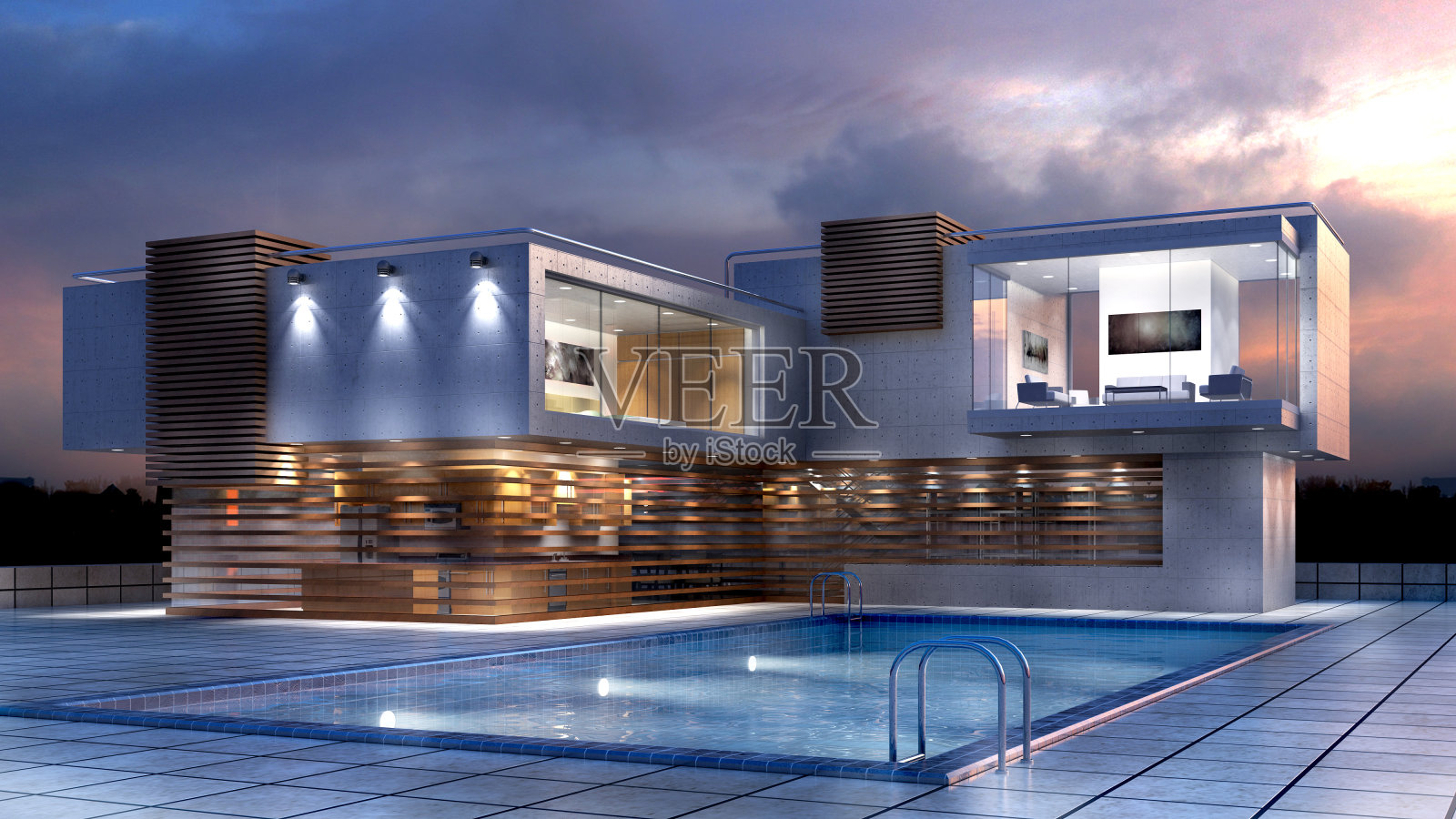 有游泳池的现代豪华住宅的3D插图照片摄影图片
