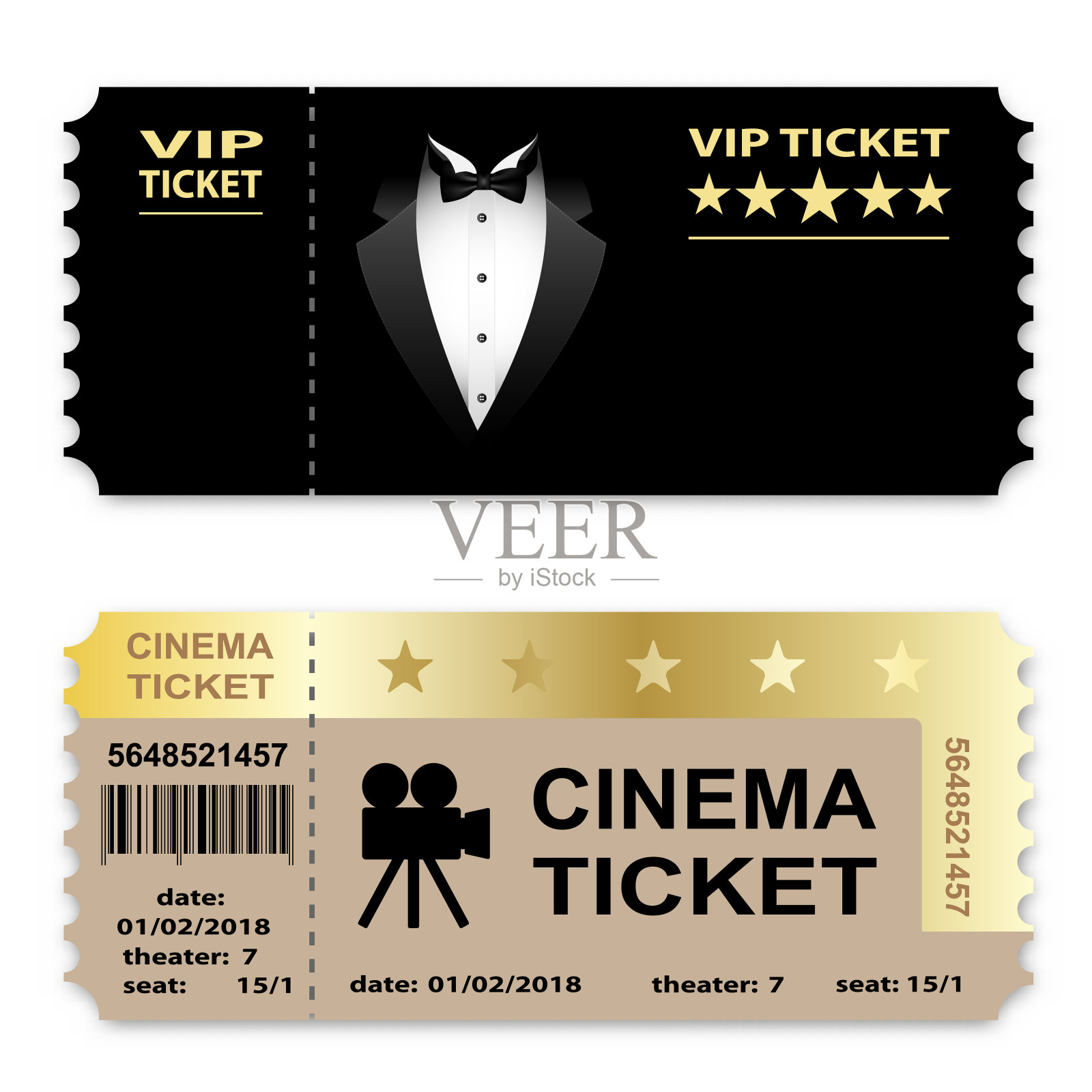 影院、商务贵宾票孤立在白色背景上。优惠券图标。设计模板素材