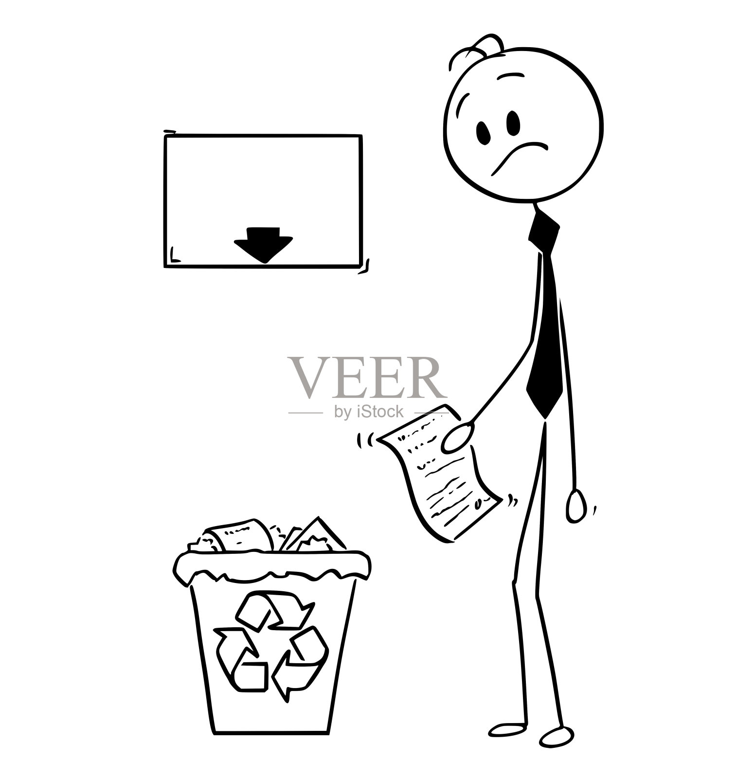 卡通商人的想法或发明在纸上看着垃圾桶上面的空标志插画图片素材