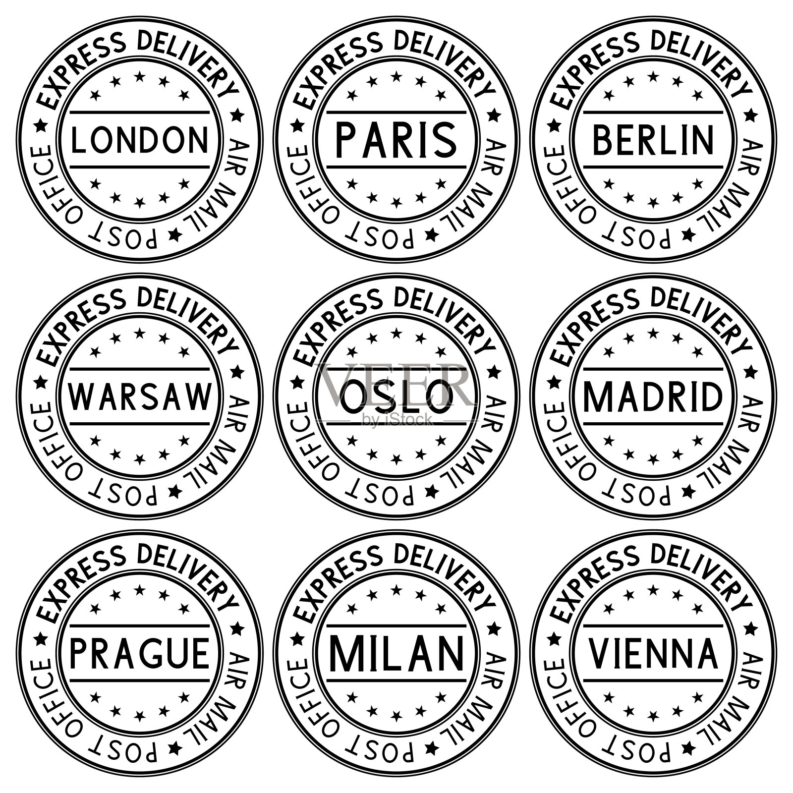 印上欧洲城市名称的特快专递。黑色的集合设计元素图片