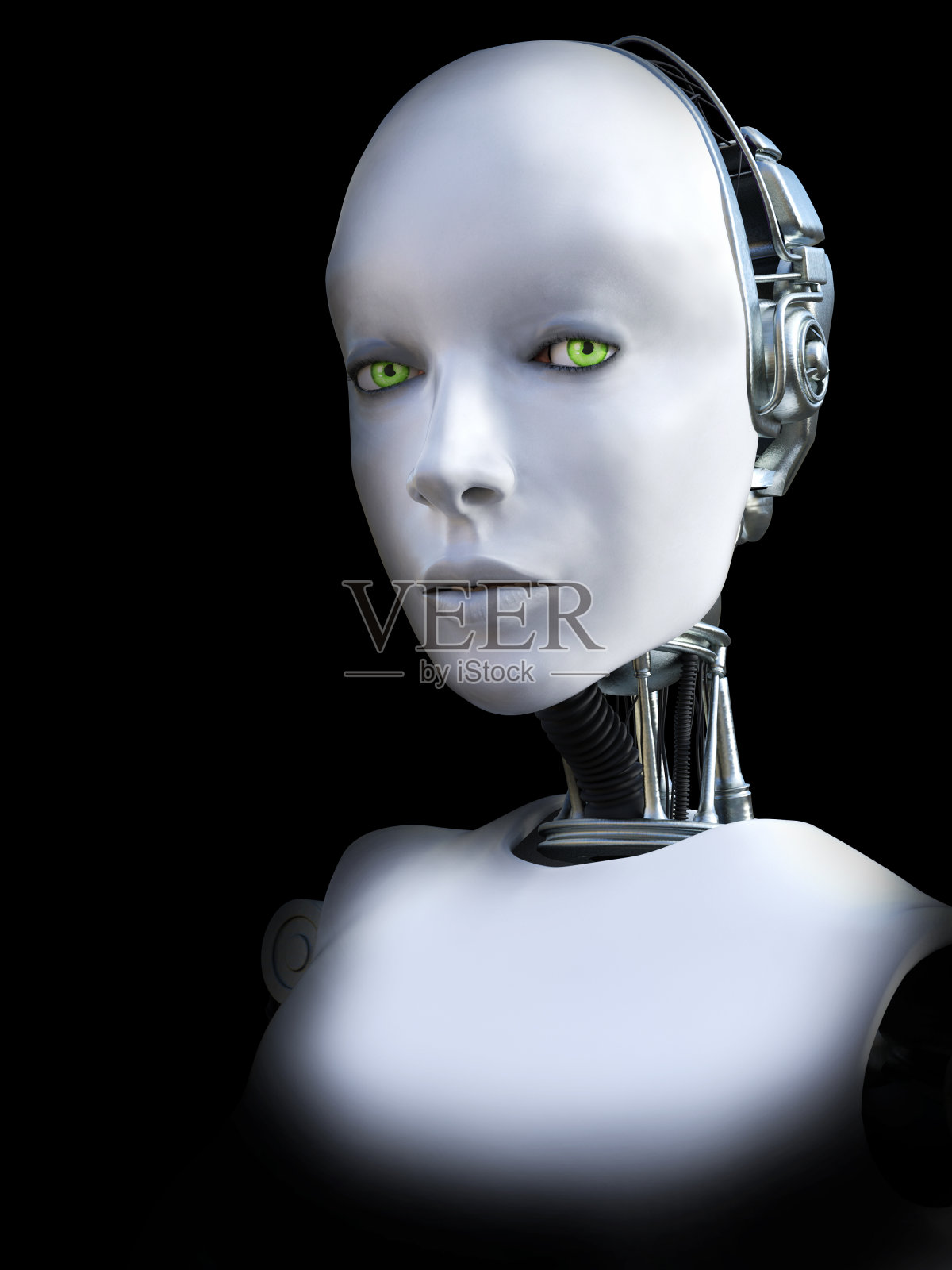 女性机器人头部的3D渲染。照片摄影图片