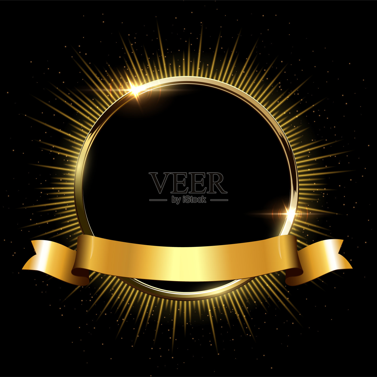金色闪闪发光的戒指与射线和闪光和金色丝带孤立在黑色的背景。向量金色的框架。插画图片素材