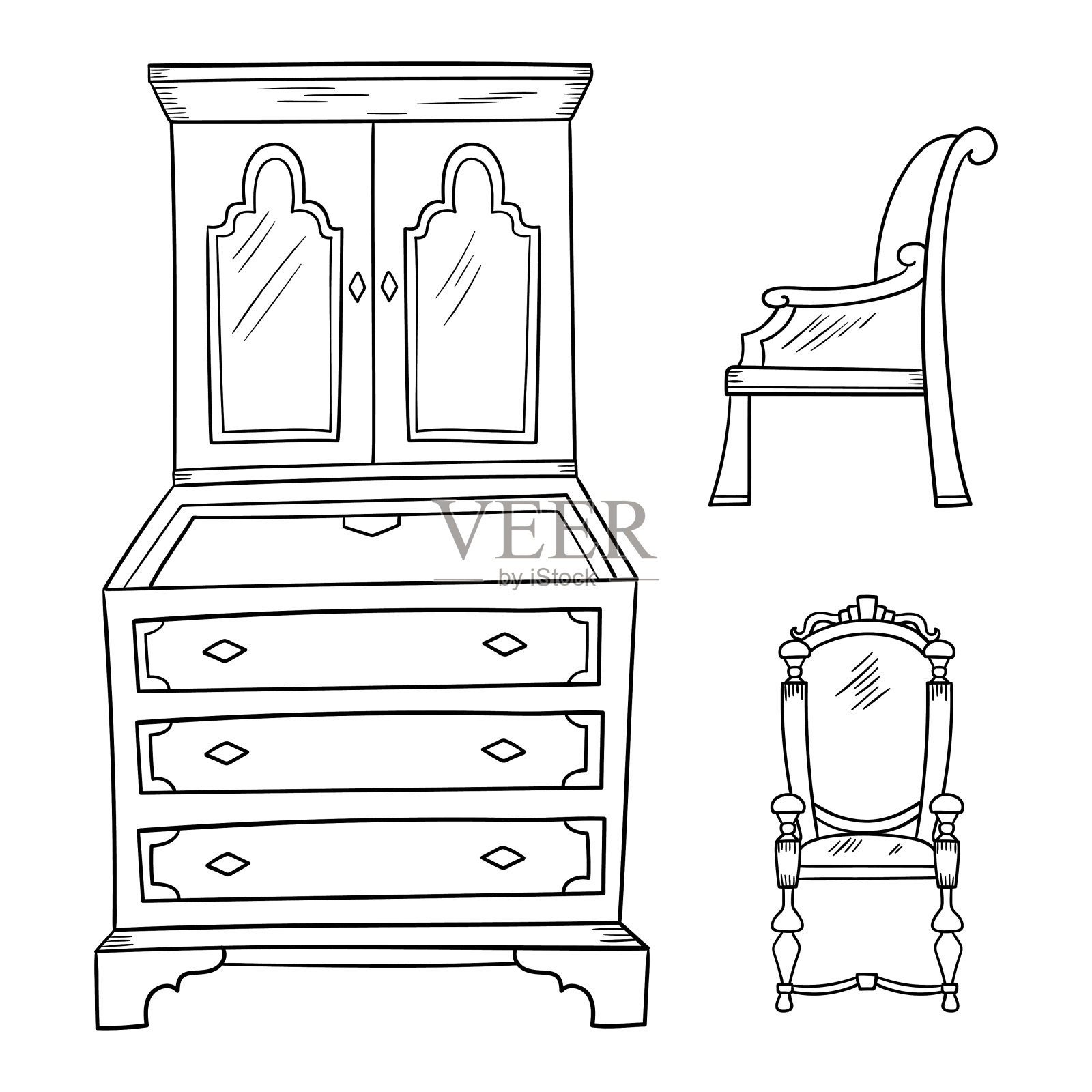 古董家具，壁橱和椅子孤立在白色的椅背上插画图片素材