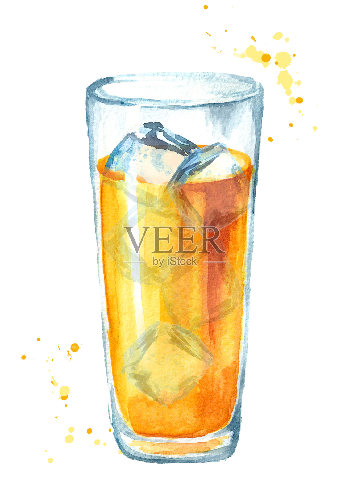 一杯果汁和冰块。手绘水彩插图插画图片素材