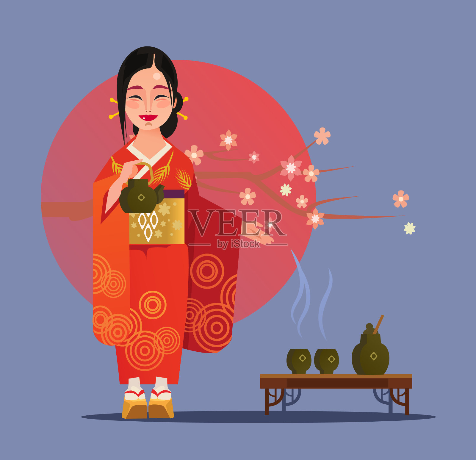 日本艺伎人物和茶道插画图片素材
