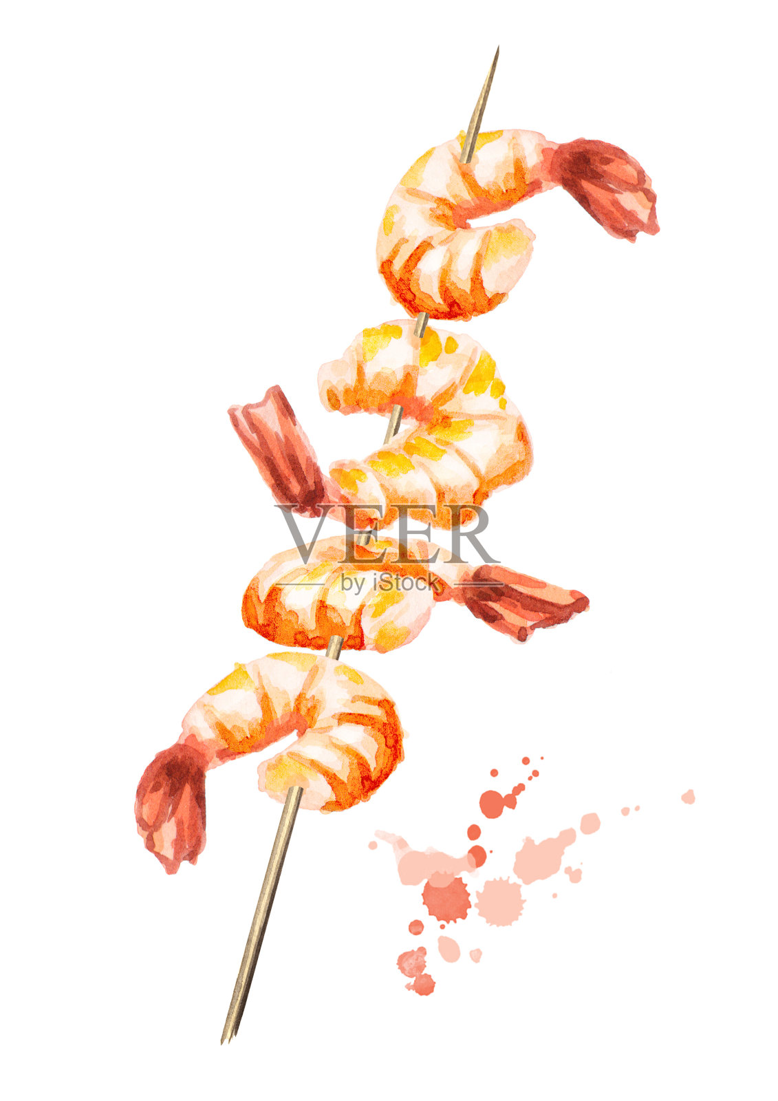 煮虾串上孤立的白色背景。水彩手绘插图插画图片素材