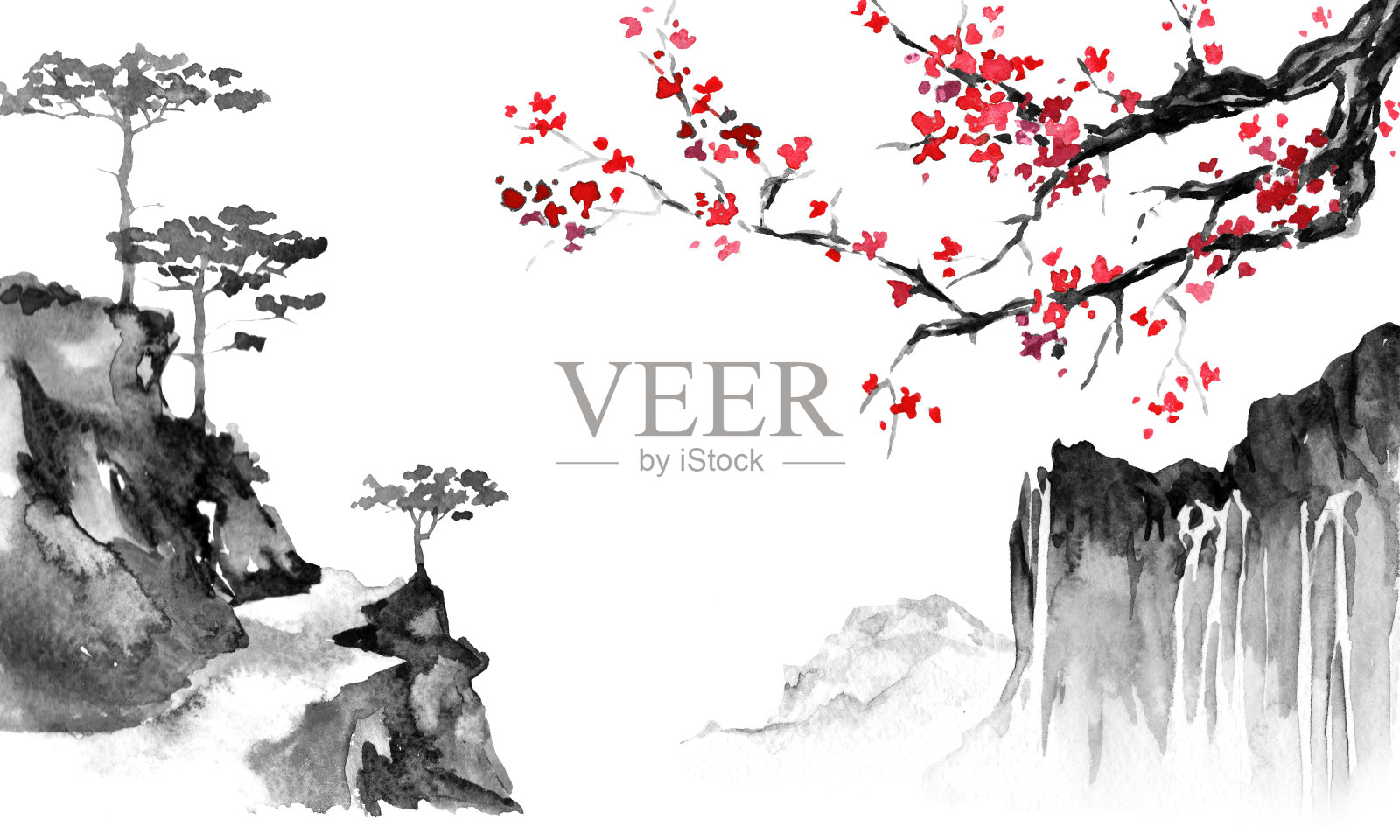 日本传统sumi-e画。墨汁插图。日本的照片。樱花和山脉插画图片素材