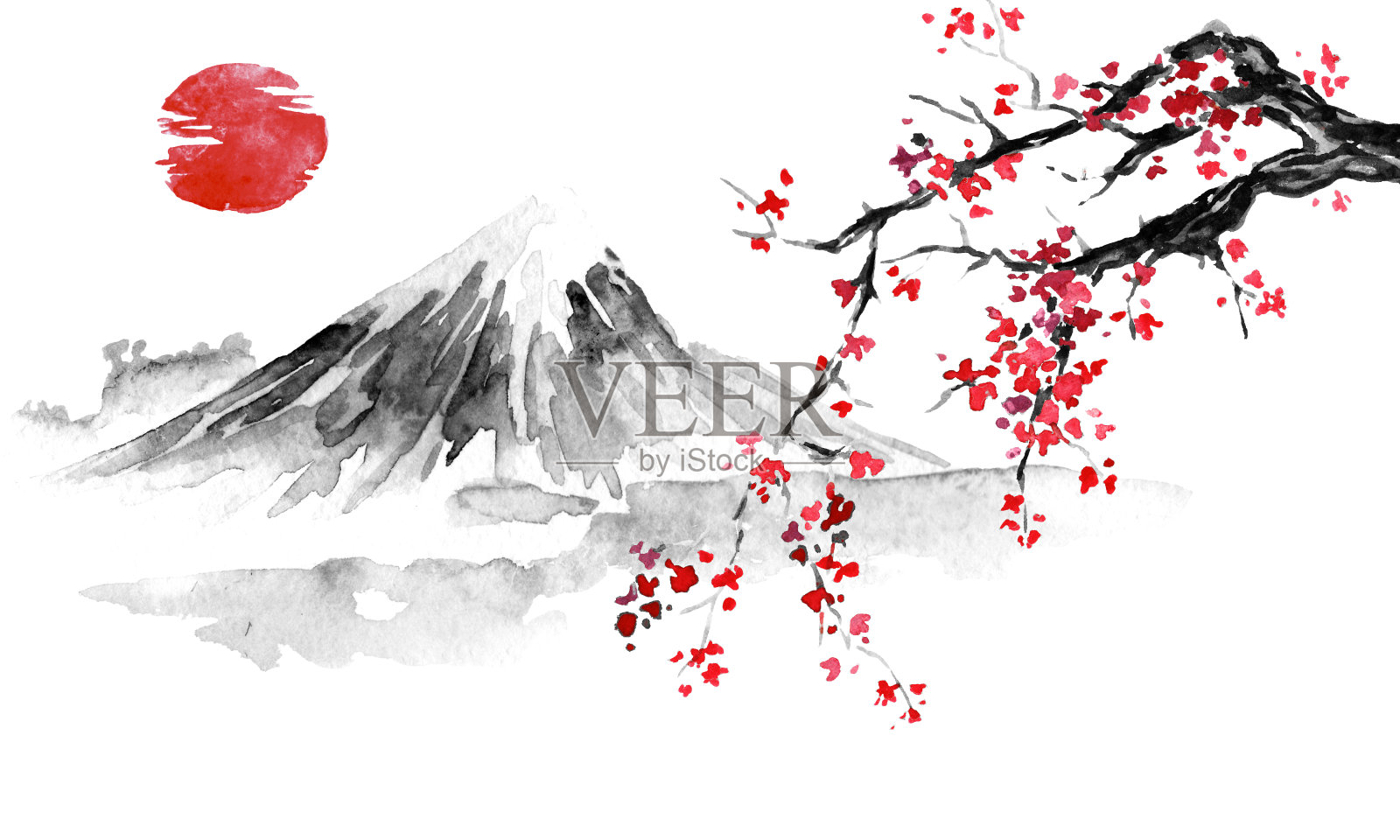 日本传统sumi-e画。墨汁插图。日本的照片。樱花，太阳和山插画图片素材