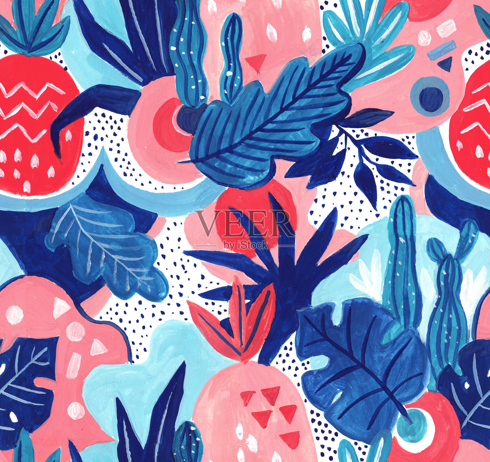 无缝的热带植物奇异图案。手绘水粉背景。插画图片素材