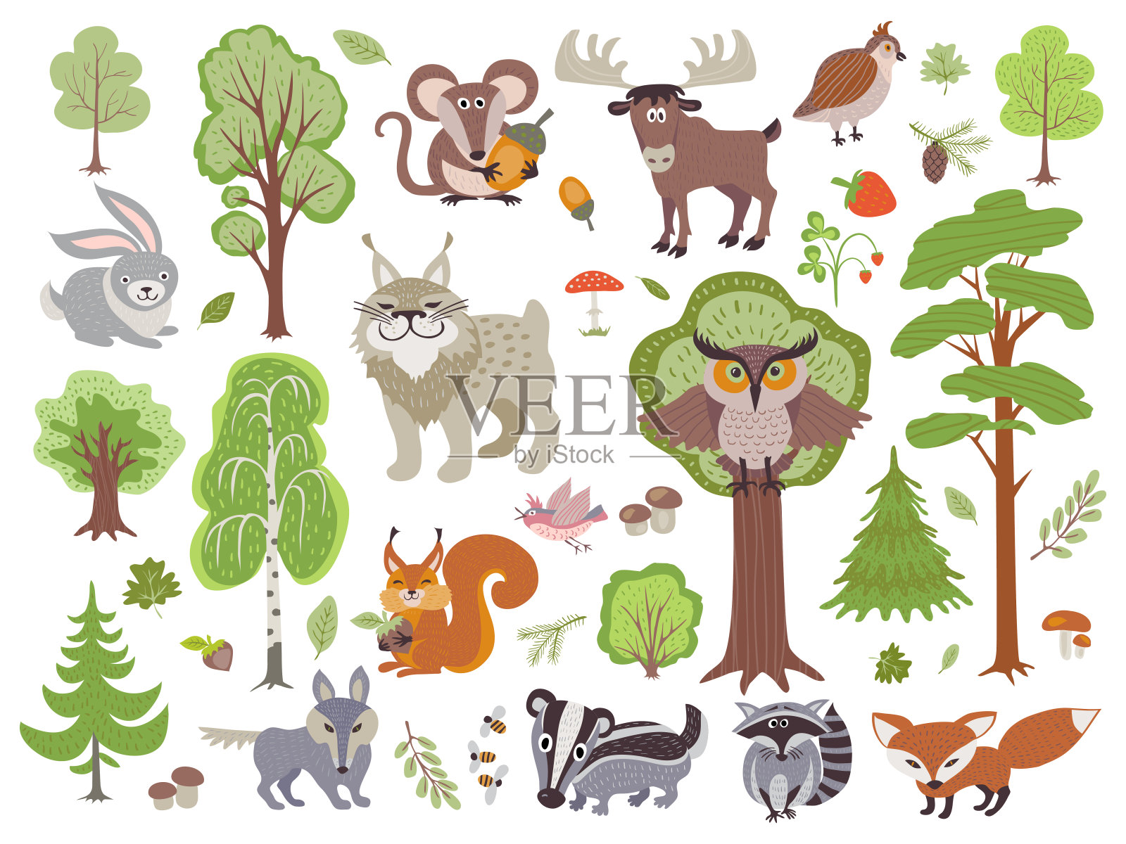 森林野生动物，鸟类和树木。卡通森林孤立的白色背景插画图片素材