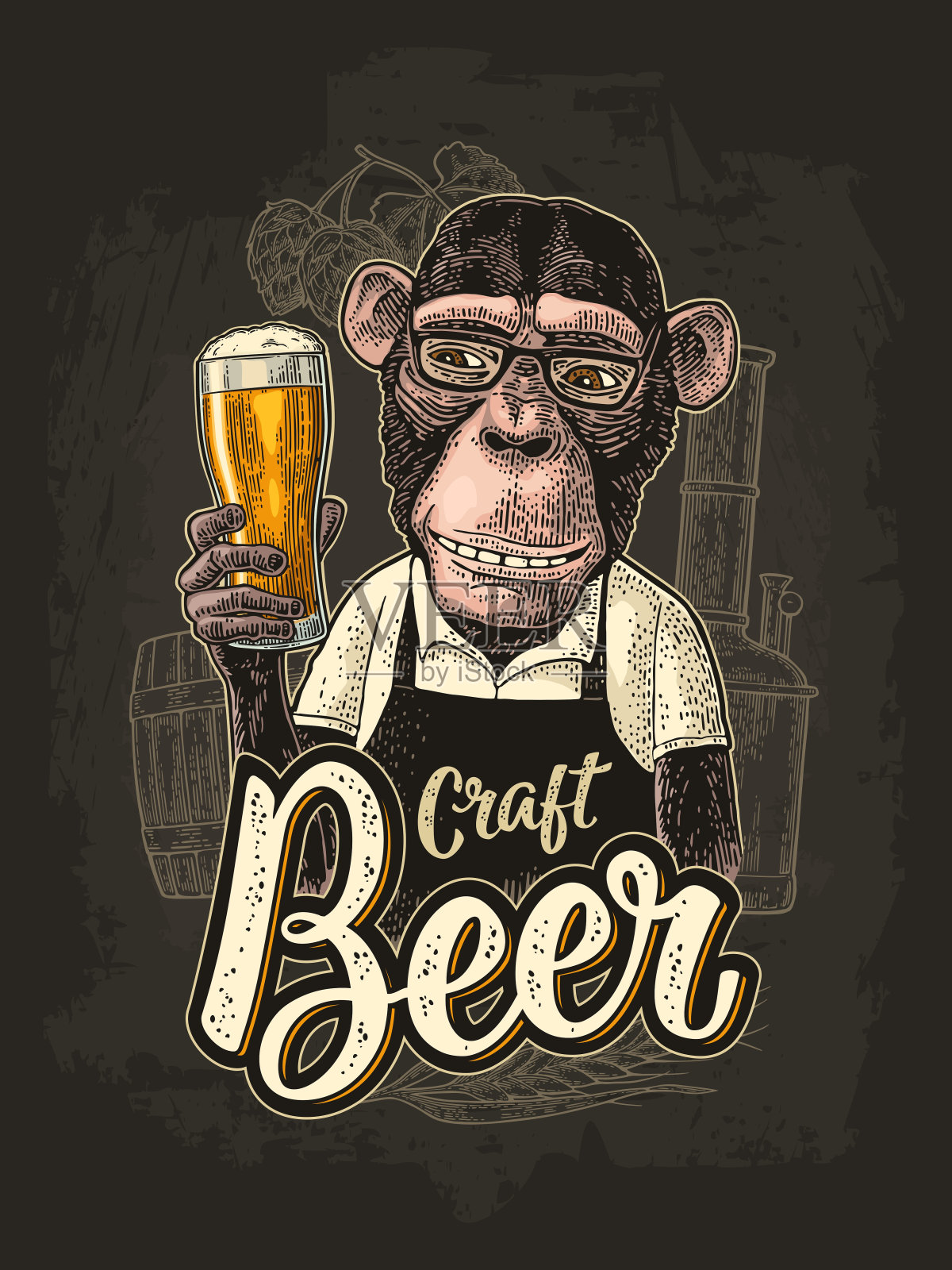 猴子穿着围裙，拿着啤酒杯。复古颜色雕刻插画图片素材