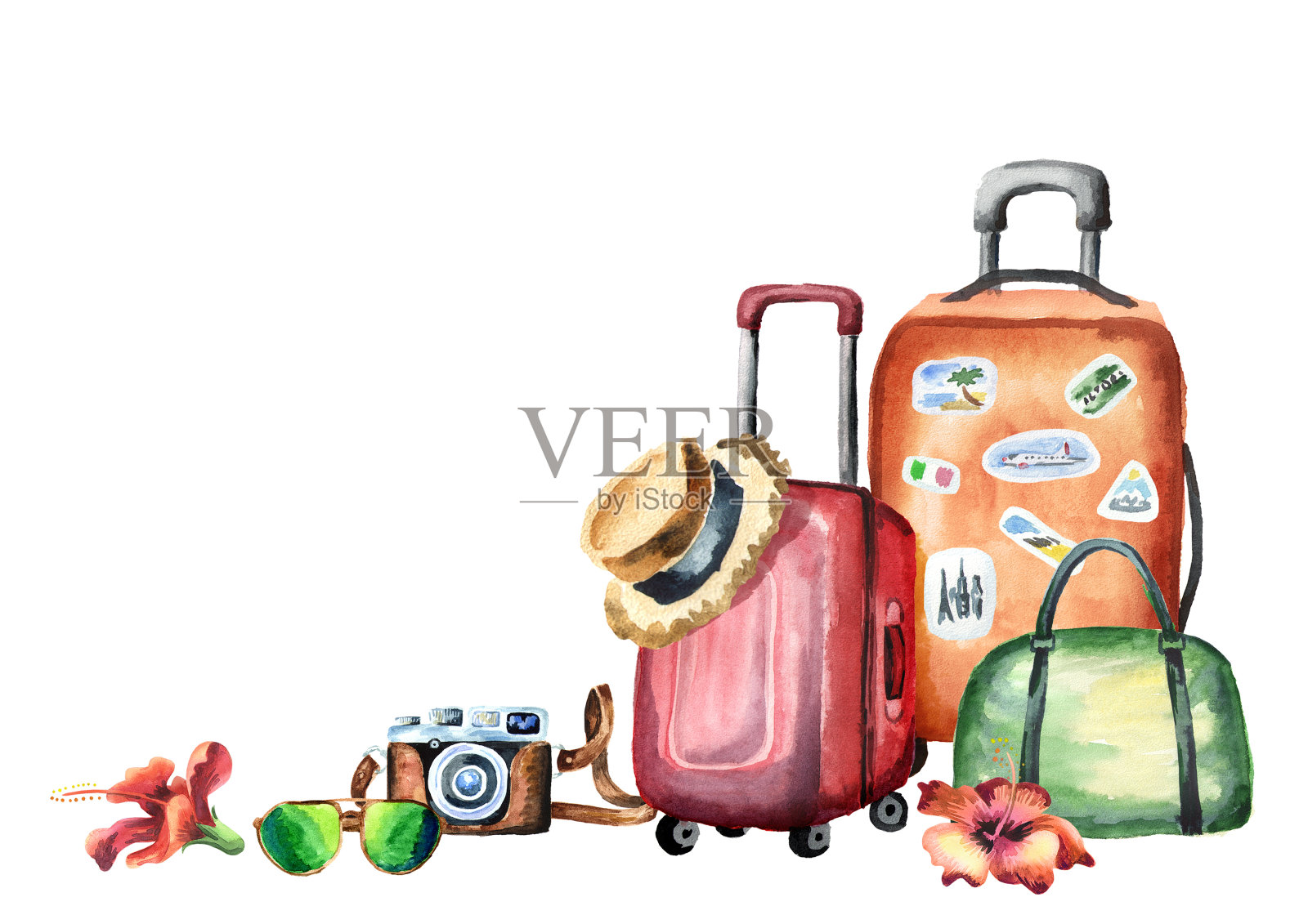 旅行作文手提箱，包，相机，太阳眼镜，鲜花和草帽。孤立在白色背景上。水彩手绘背景插画图片素材