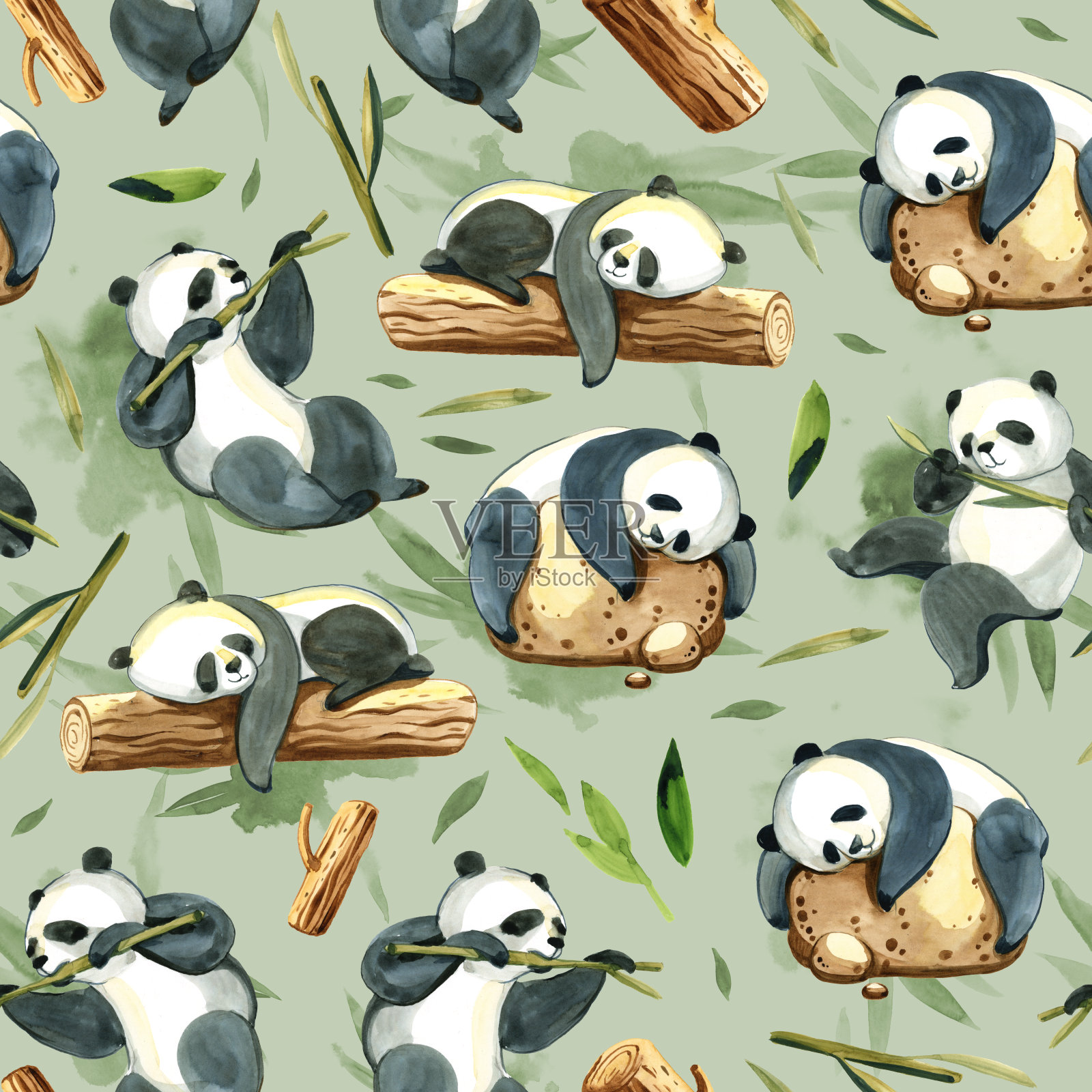 水彩插图上的绿色背景。黑白熊猫、石头、绿色飞溅和树叶无缝图案插画图片素材