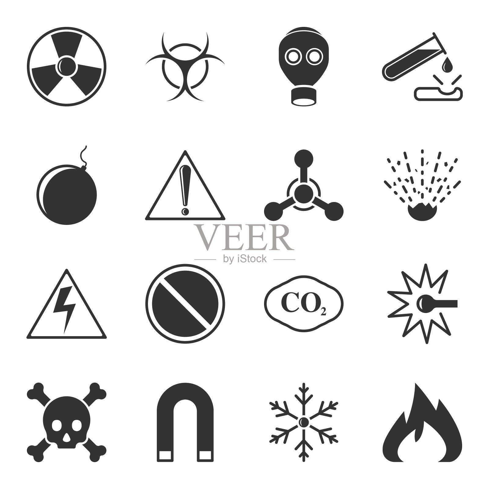 白色背景上的矢量警告图标，包含危险标志，毒性，爆炸性和其他图标素材