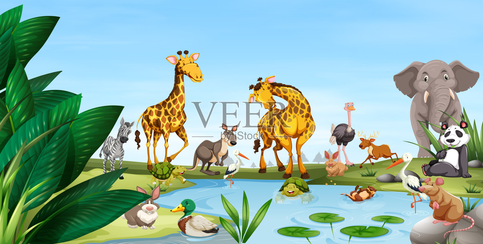 池塘边的野生动物插画图片素材