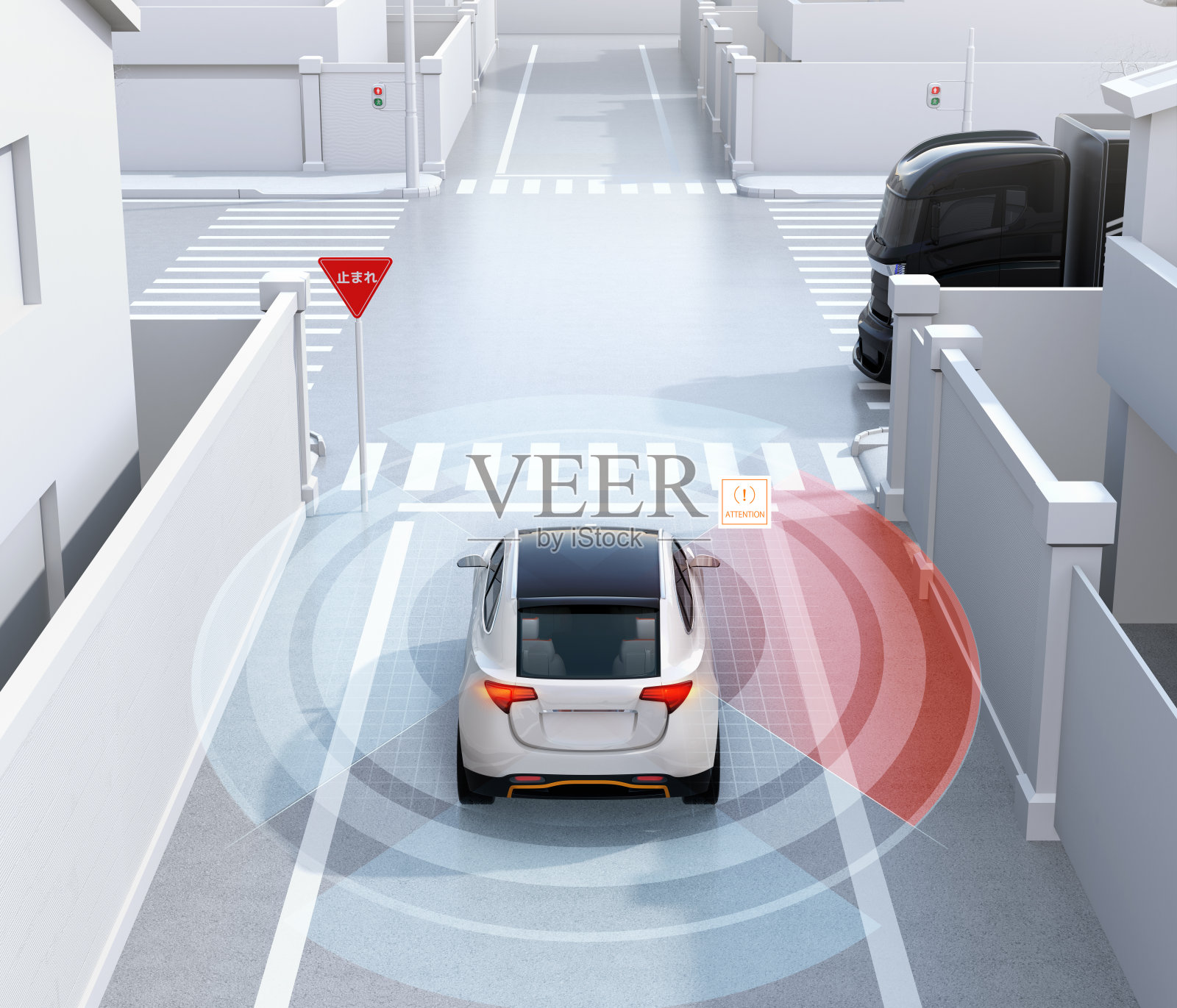 单行道白色SUV后视图检测到盲点车辆。日语的停车标志照片摄影图片