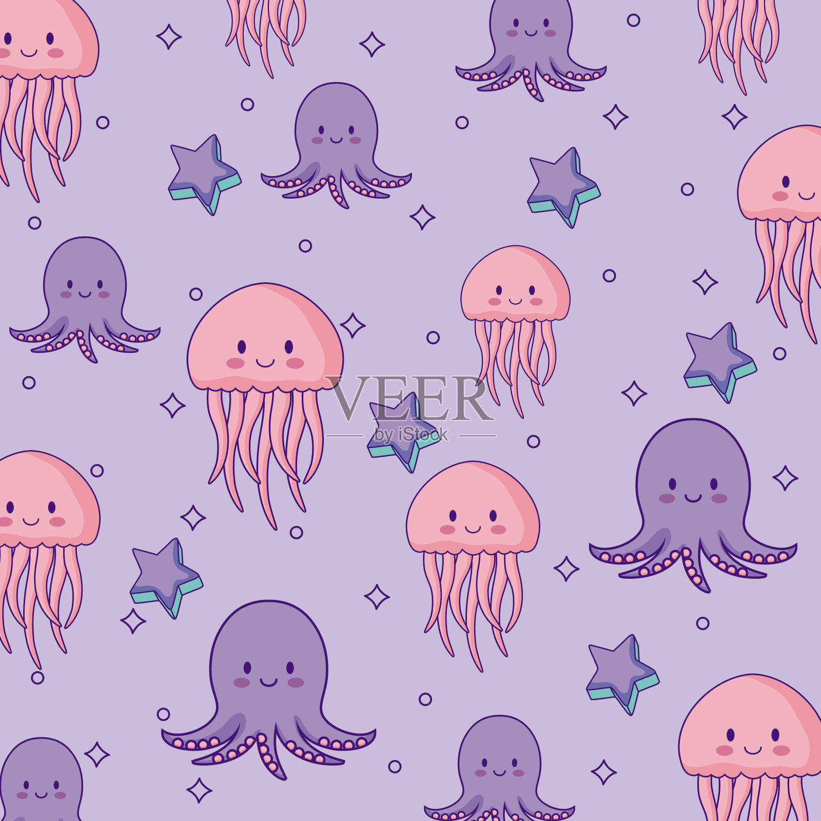 可爱的水母和章鱼的背景插画图片素材