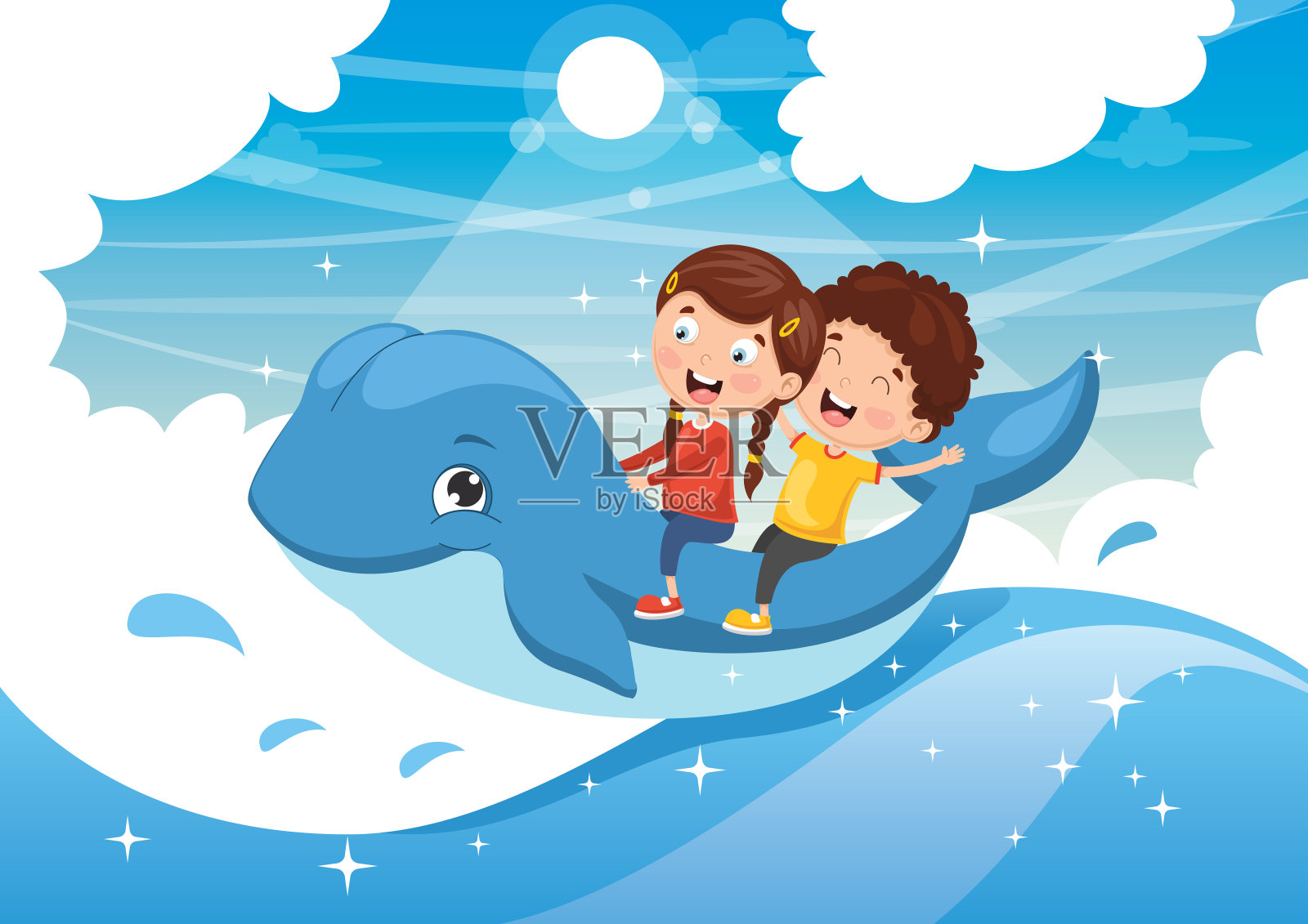 矢量插图的孩子骑鲸鱼插画图片素材