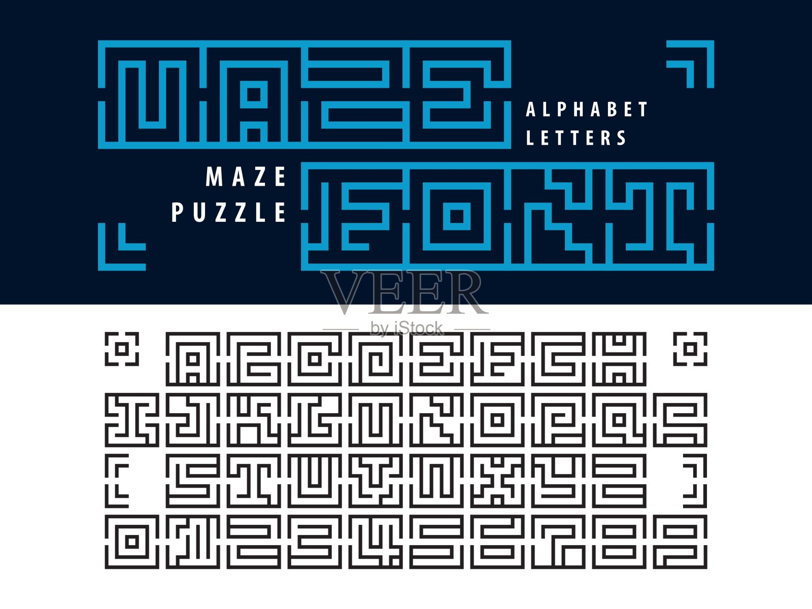矢量迷宫拼图字母和数字，线性程式化字体插画图片素材