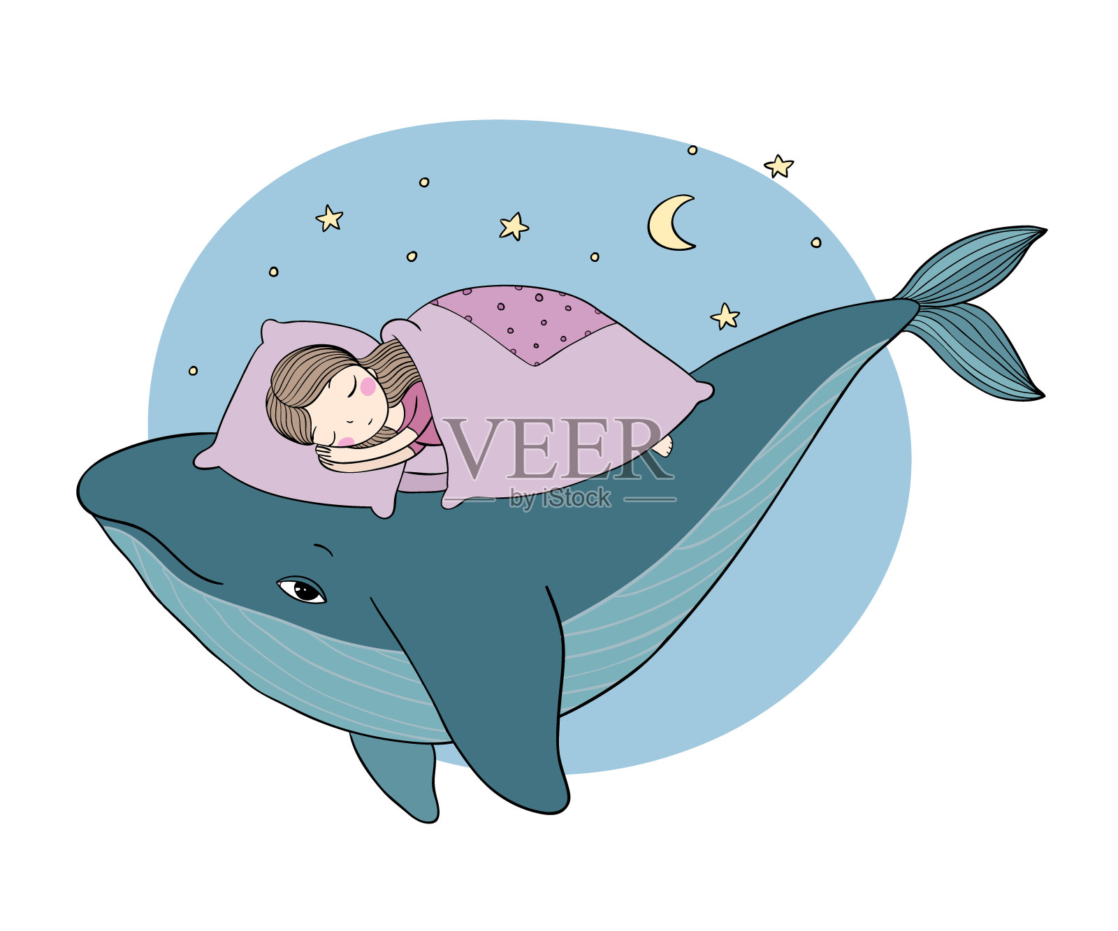 一个小女孩睡在鲸鱼身上。舒适的床上。海的主题。在白色背景上手绘孤立的物体。插画图片素材