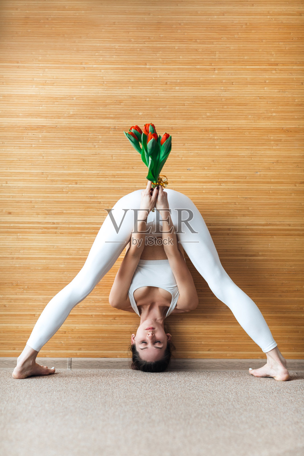 身穿白色套装的运动年轻女子在练习瑜伽，站立跨立向前弯曲姿势，Prasarita Padottanasana，手持郁金香，在室内锻炼照片摄影图片