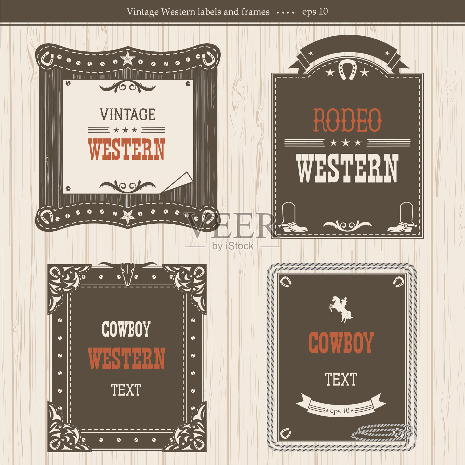一套标签和框架在西方风格孤立的设计插画图片素材